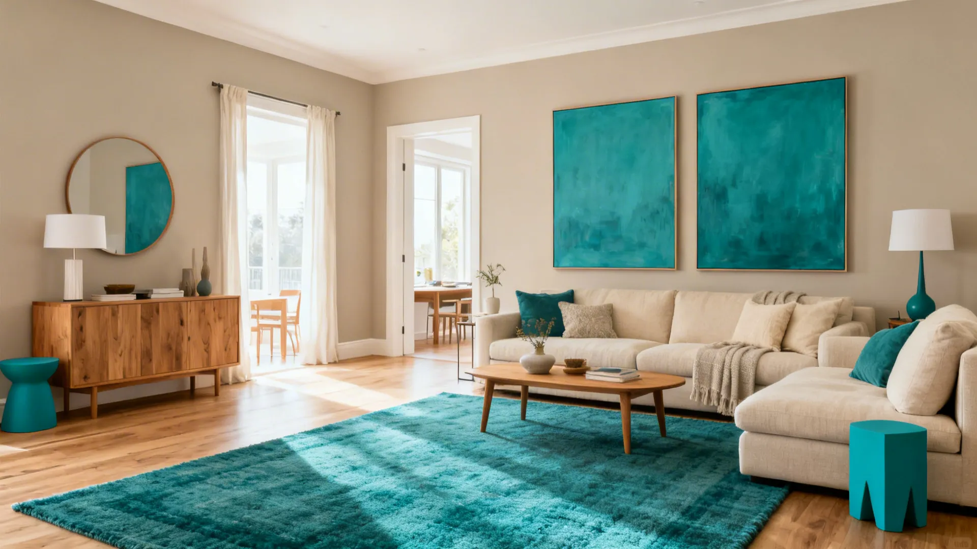 Living room with greige walls, teal hand-tufted rug, and oversized teal art framed by neutral wood accents.