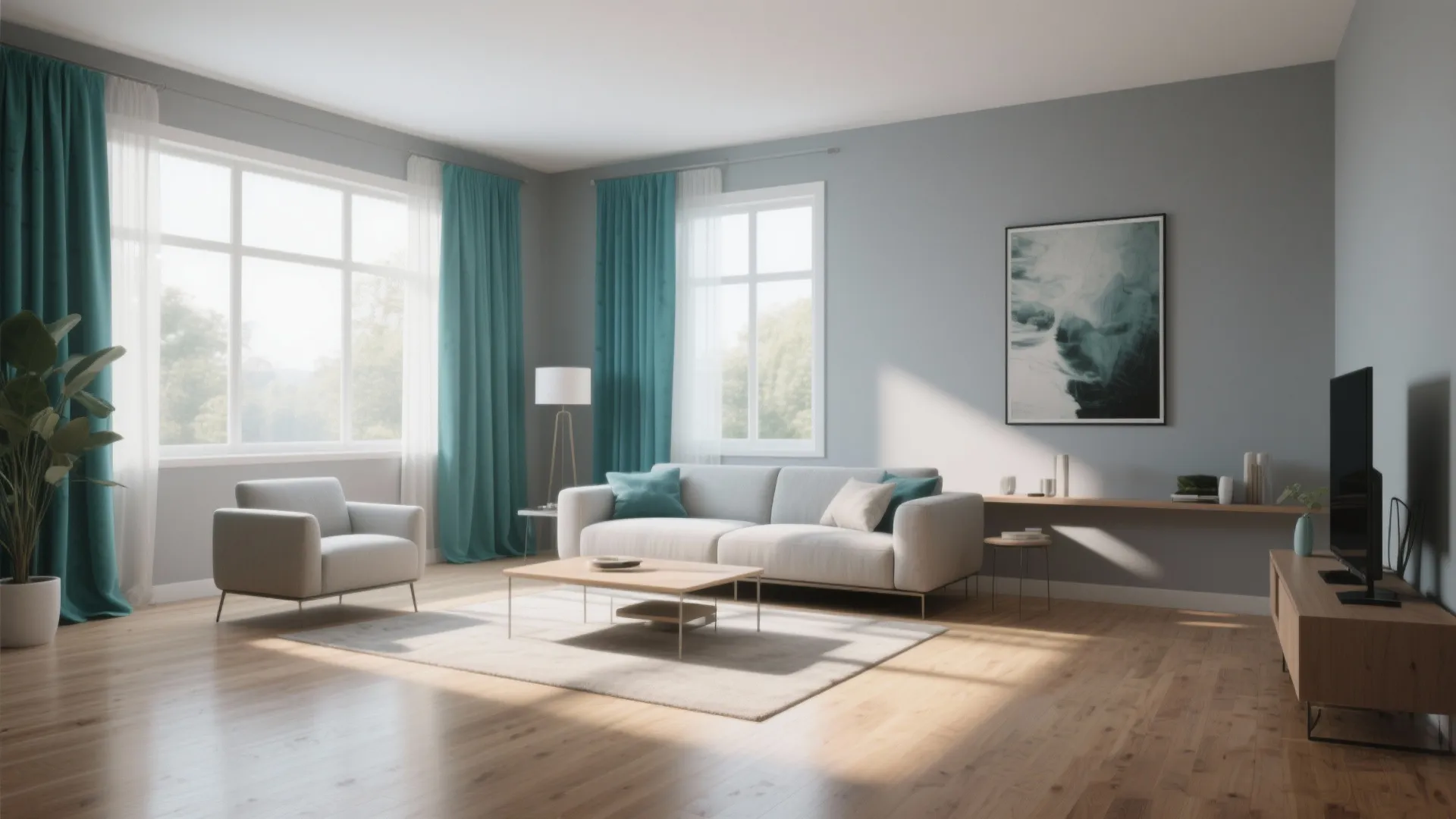 5. Grey Walls with Teal Curtains