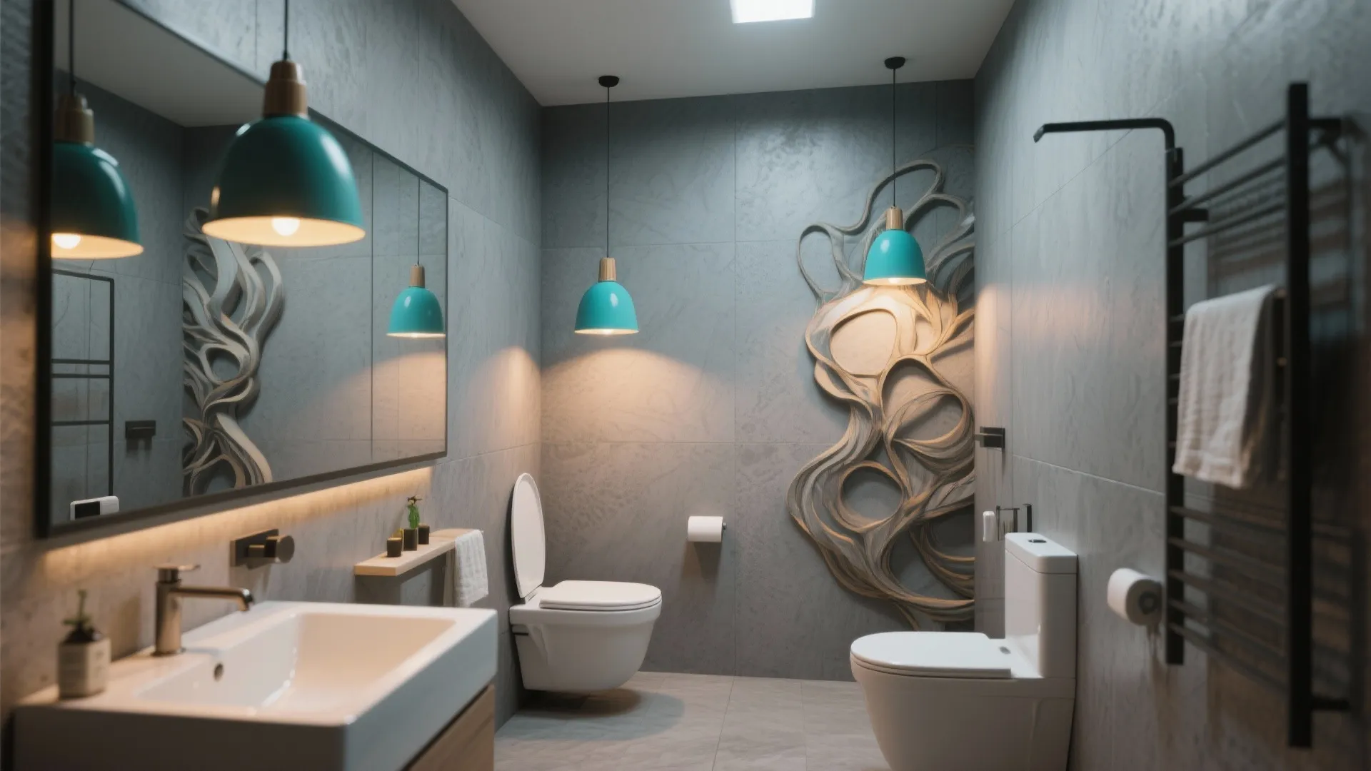 8. Grey Walls with Teal Lighting Fixtures