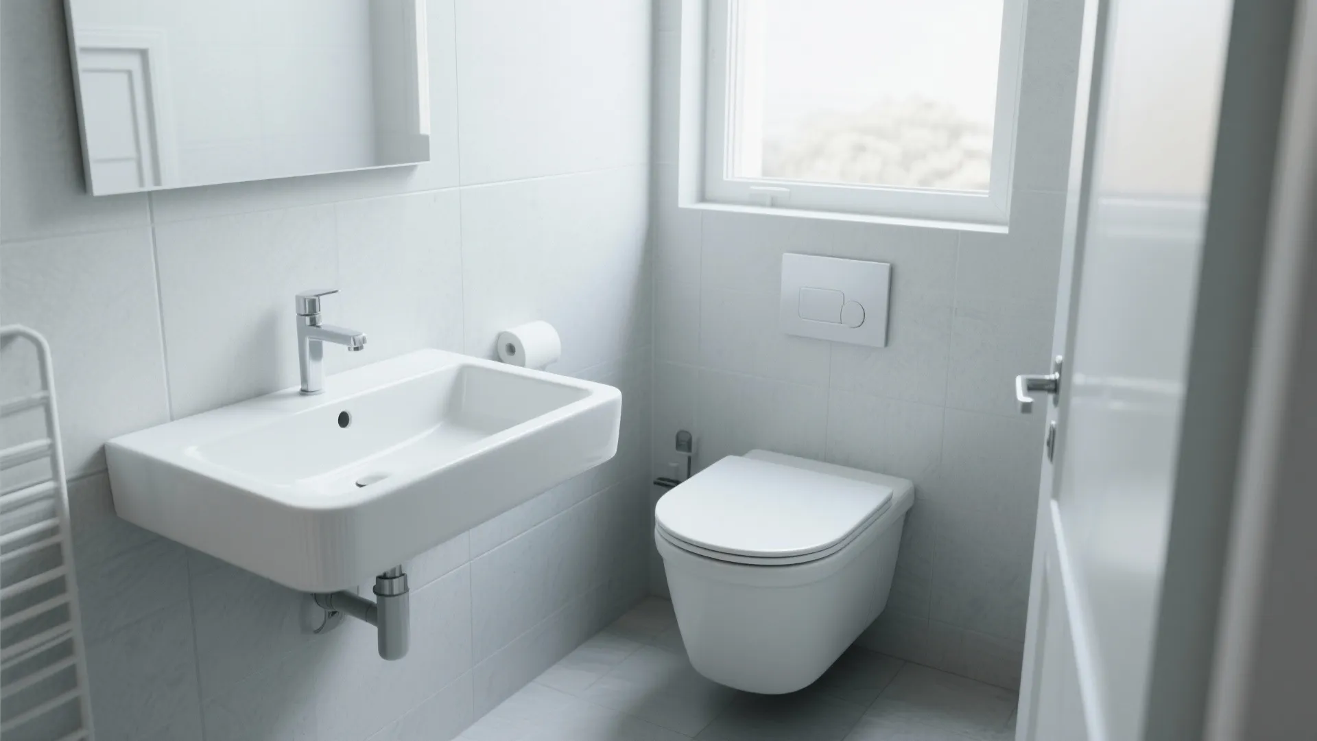 Modern white bathroom with hanging sink and wall mounted toilet plus bright window and mirror