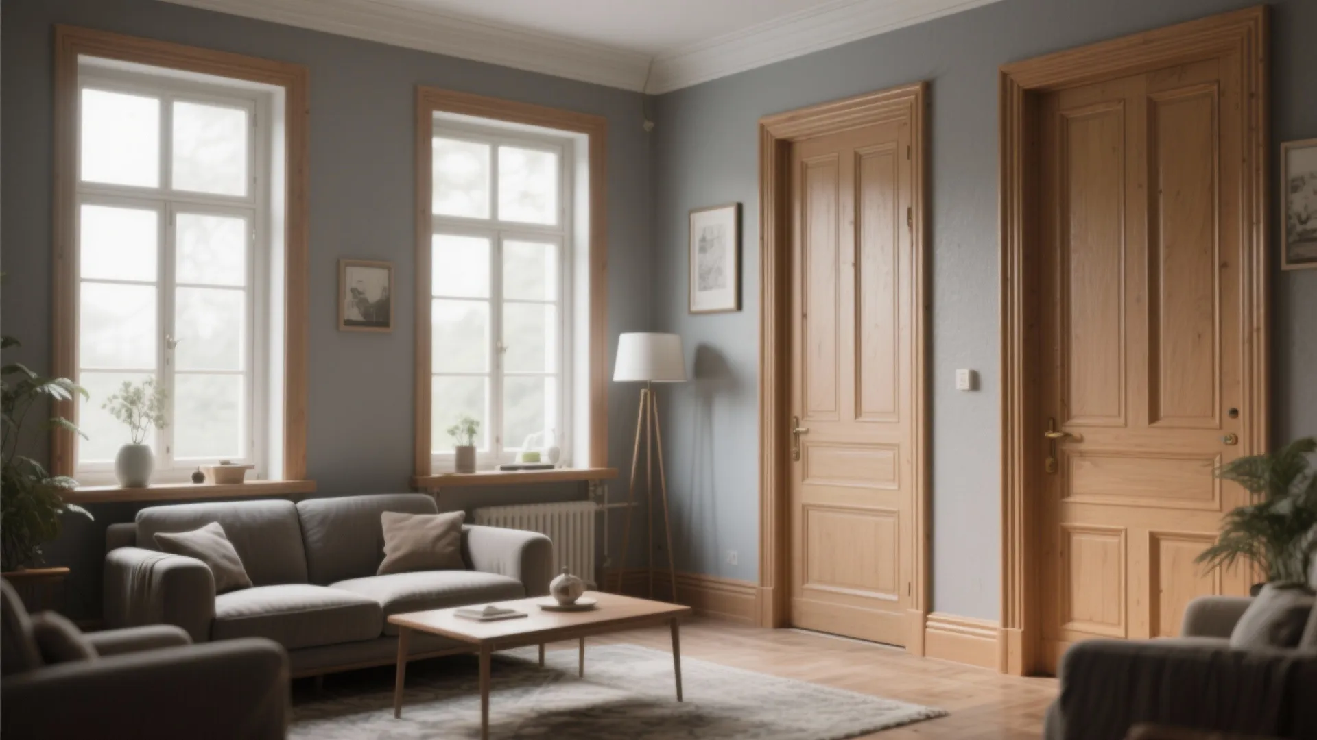 7. Grey Walls with Tan Wood Trim