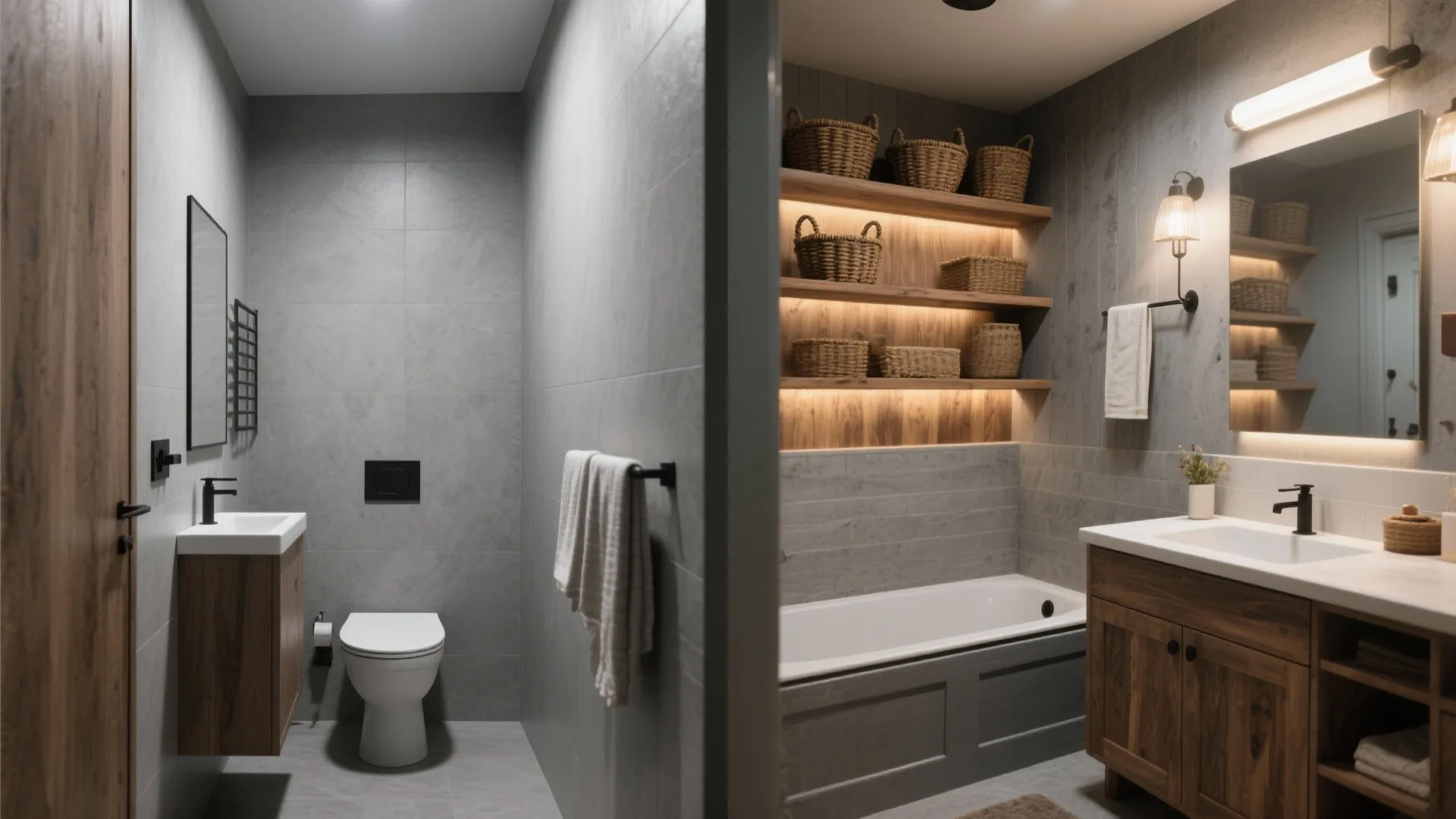 Side-by-side comparison of a grey modern toilet room and a warm wood bathroom with bathtub