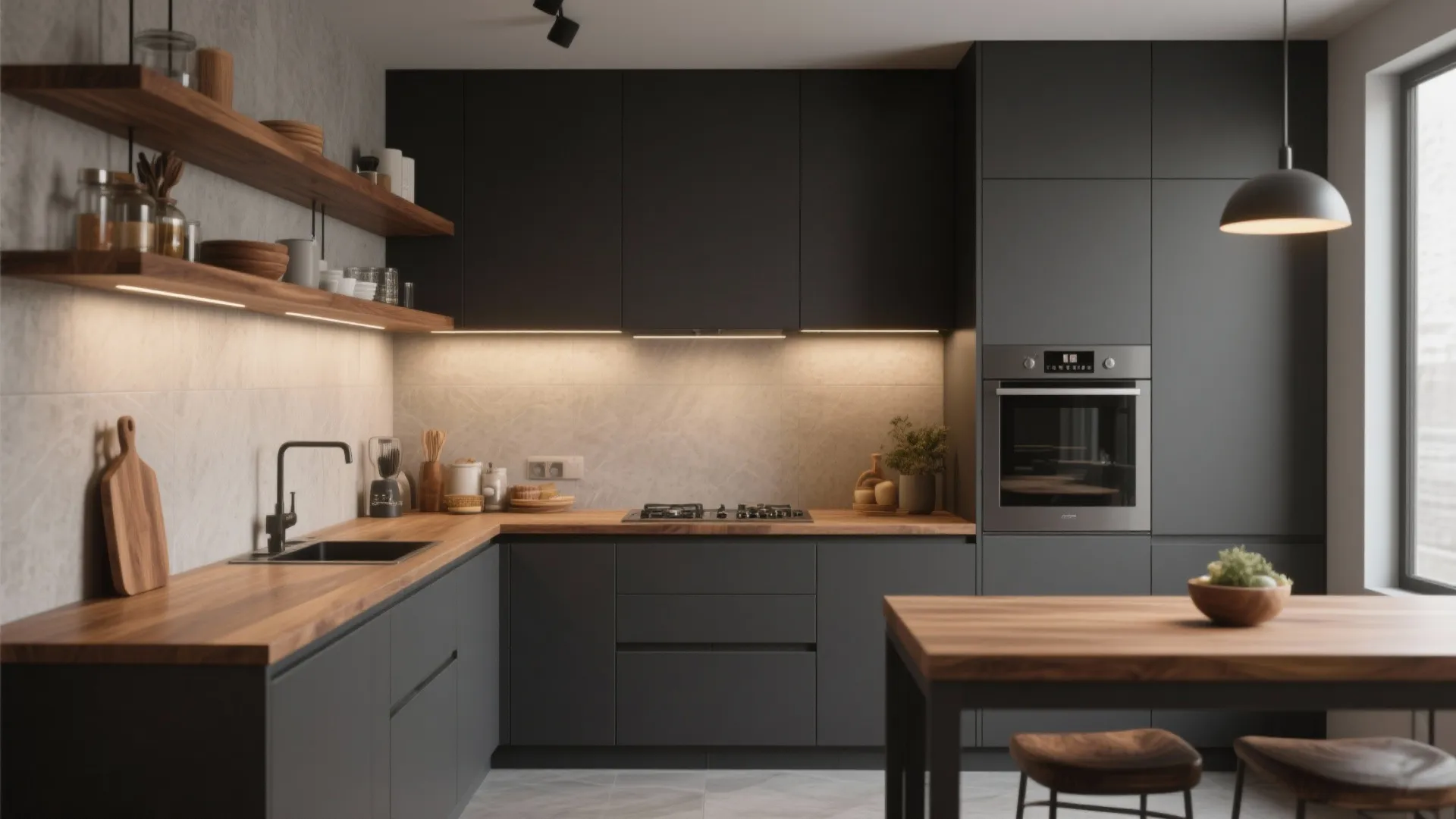 3. Dark Grey with Warm Wood