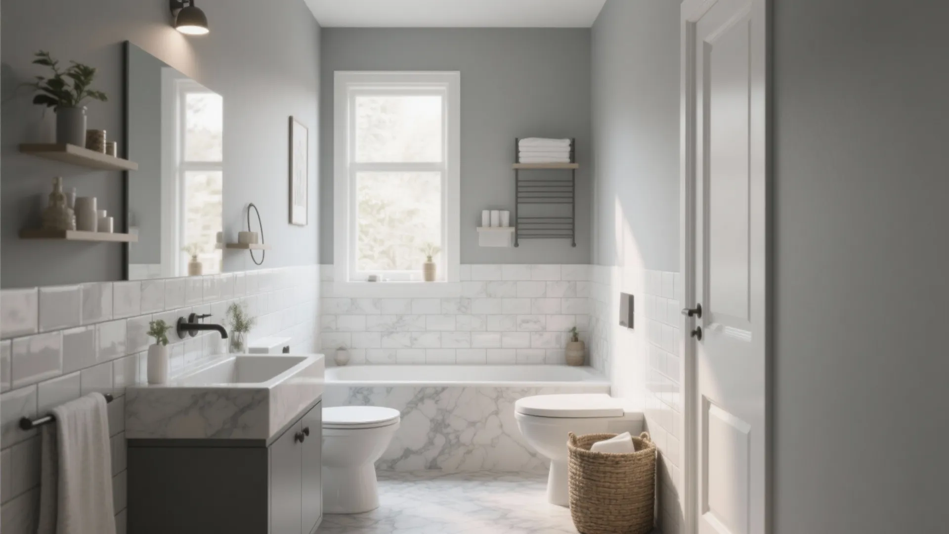 Classic bathroom design with marble tile bathtub white toilet sink cabinet window and wicker basket