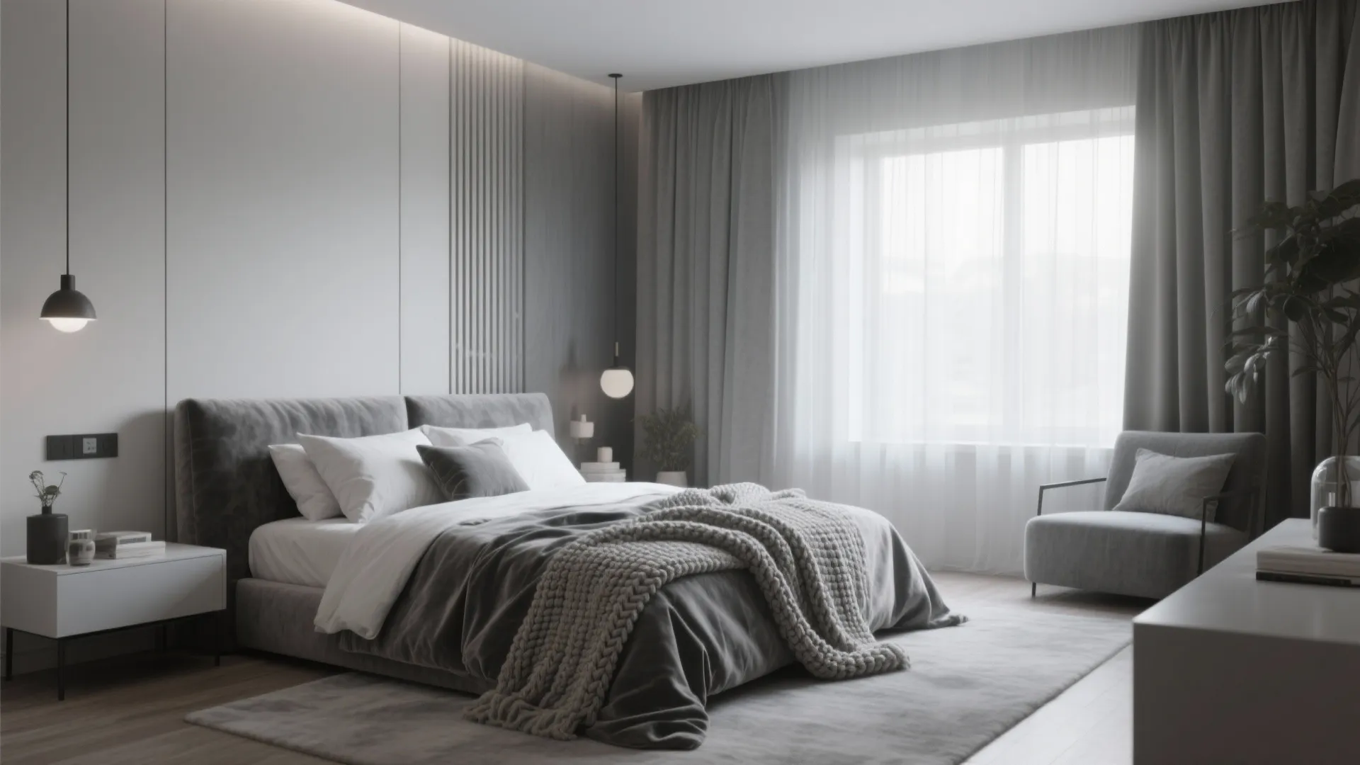 Minimalist grey bedroom featuring a large window with white curtains and a comfortable grey bed