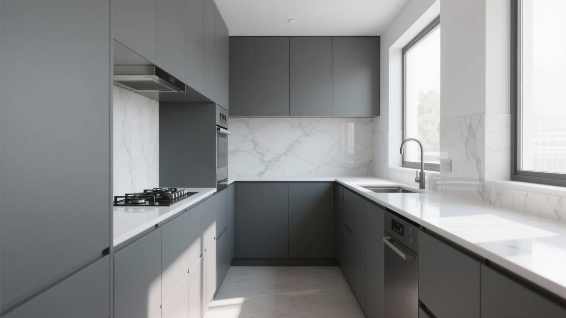 Minimalist grey kitchen with white marble countertops gas stove sink window and dark grey kitchen cabinets