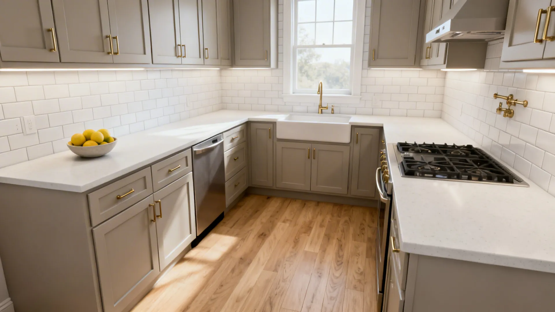 Small Kitchen Feels Dark? Grey Cabinets + White Countertops