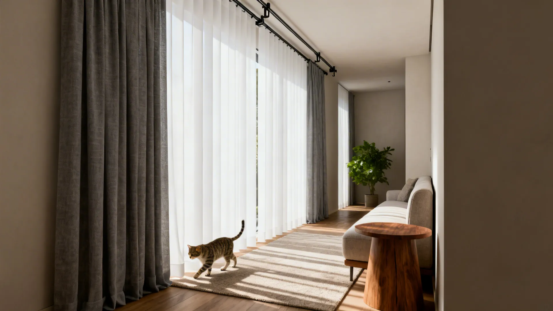 Modern living room with grey and white curtains and cat walking on rug by table