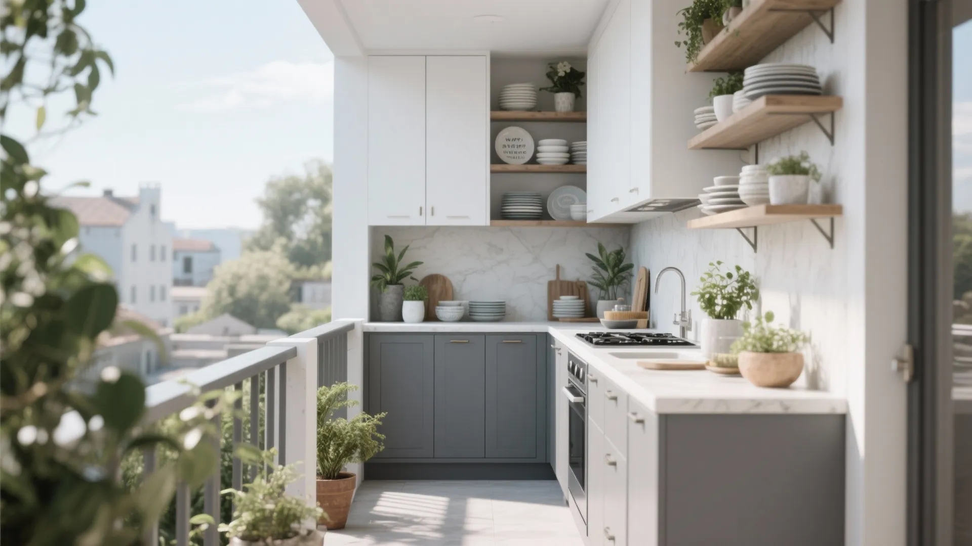 5. High-Contrast Grey and White with Open Shelving