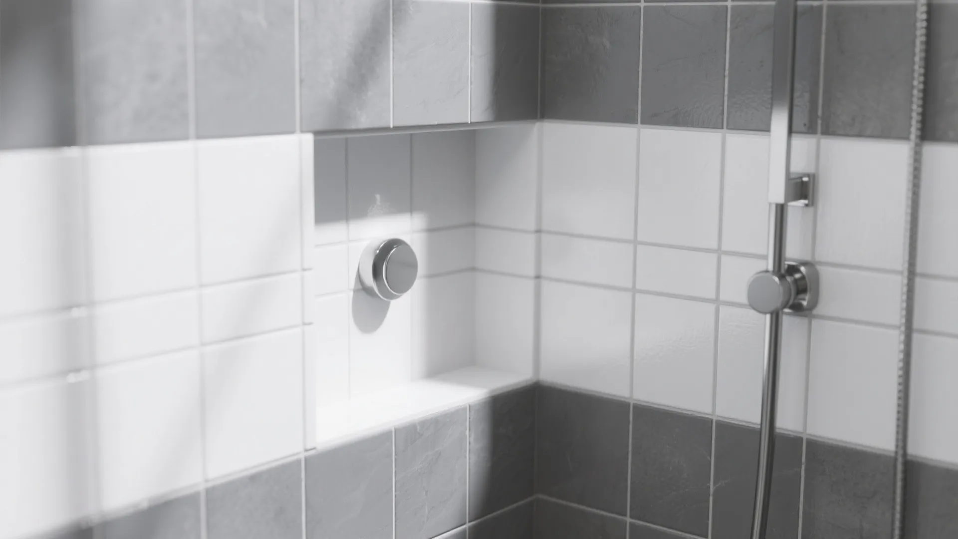 Modern shower wall with grey and white tiles featuring a built in wall storage shelf