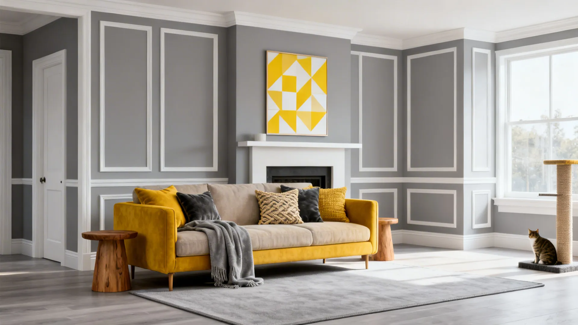 Living room with grey wall panels yellow sofa white fireplace yellow painting and cat on carpet