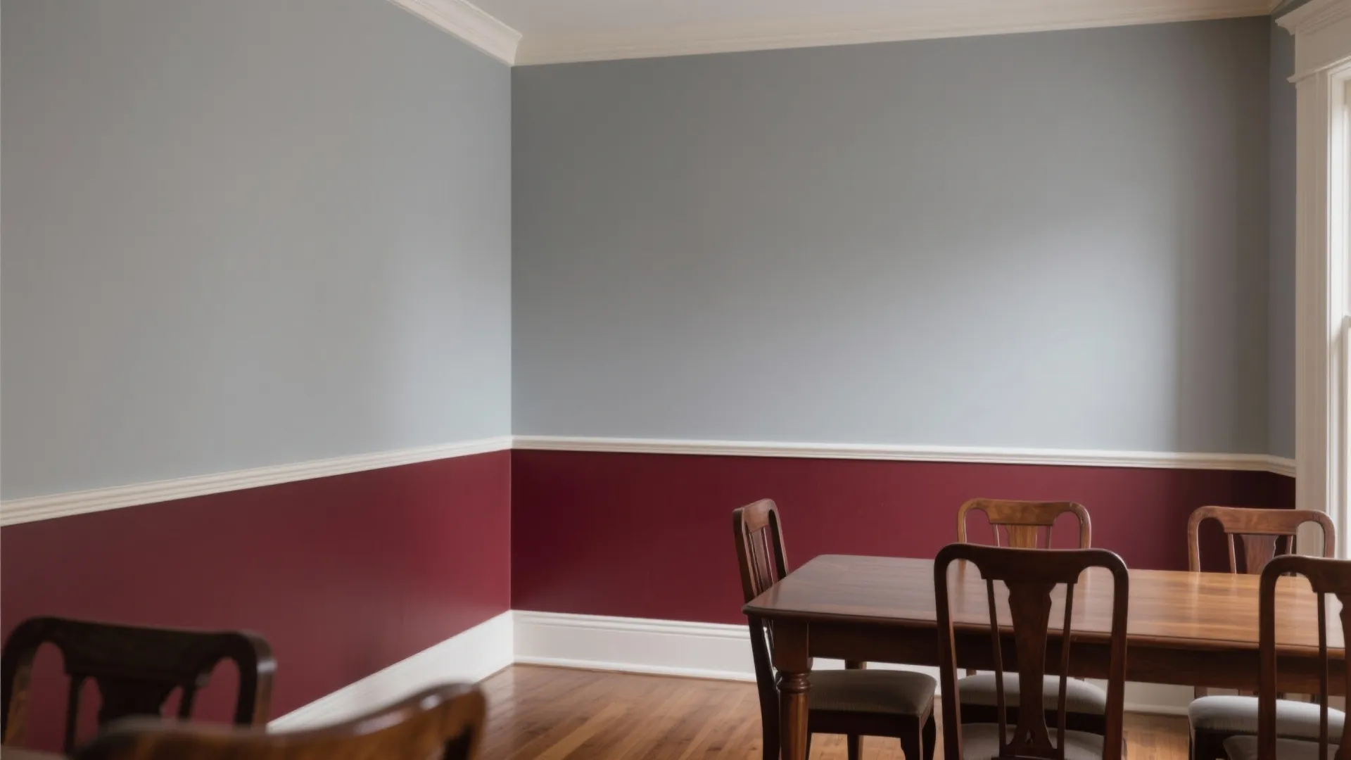 Light grey above and deep wine red below the chair rail