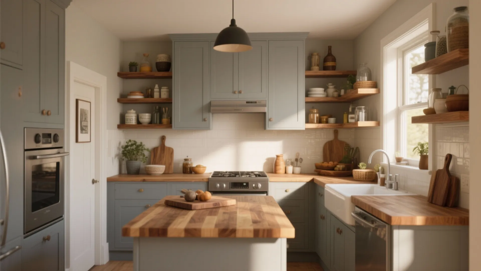 3. Grey cabinets with warm wood accents