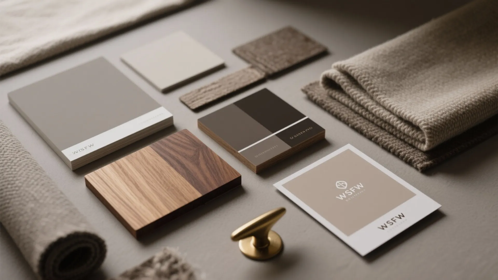 Top-down material flatlay of warm grey paint swatches, oak and walnut samples, and fabric textures