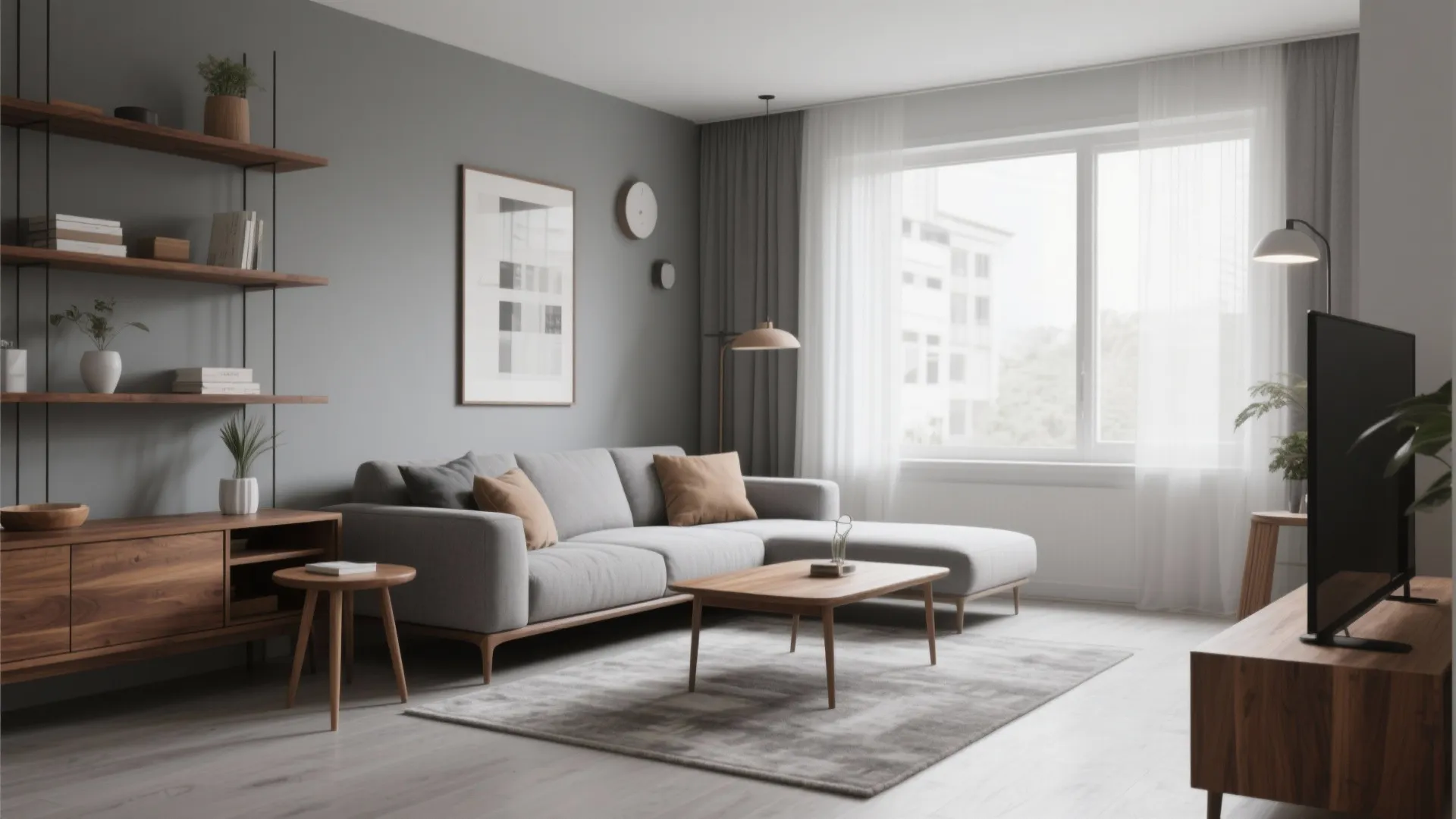 Modern grey living room with warm walnut and oak accents