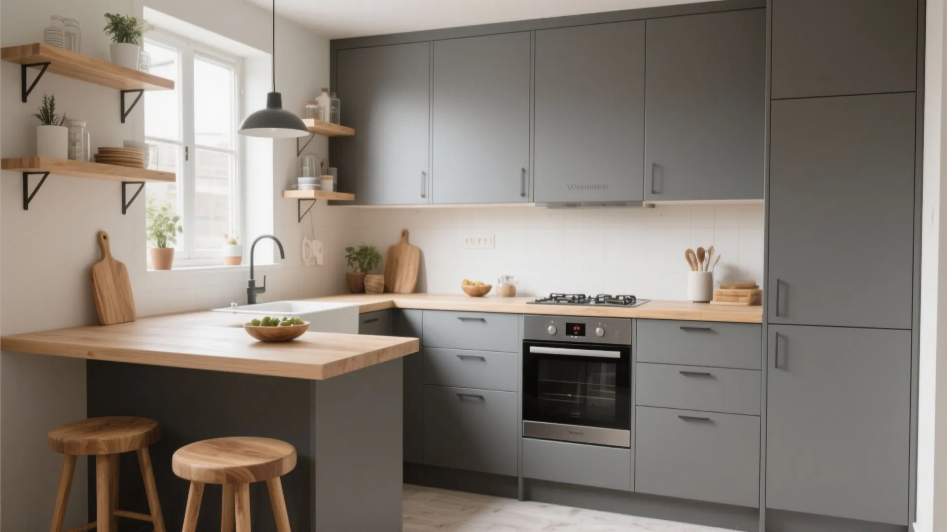 Grey kitchen with wood countertop breakfast bar wooden stools open shelves black sink and ceiling light