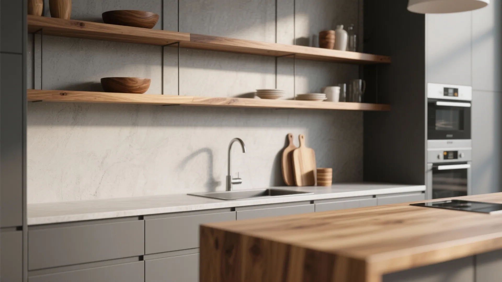 Minimalist kitchen featuring wooden shelves grey cabinets marble countertop silver faucet and built in wall oven