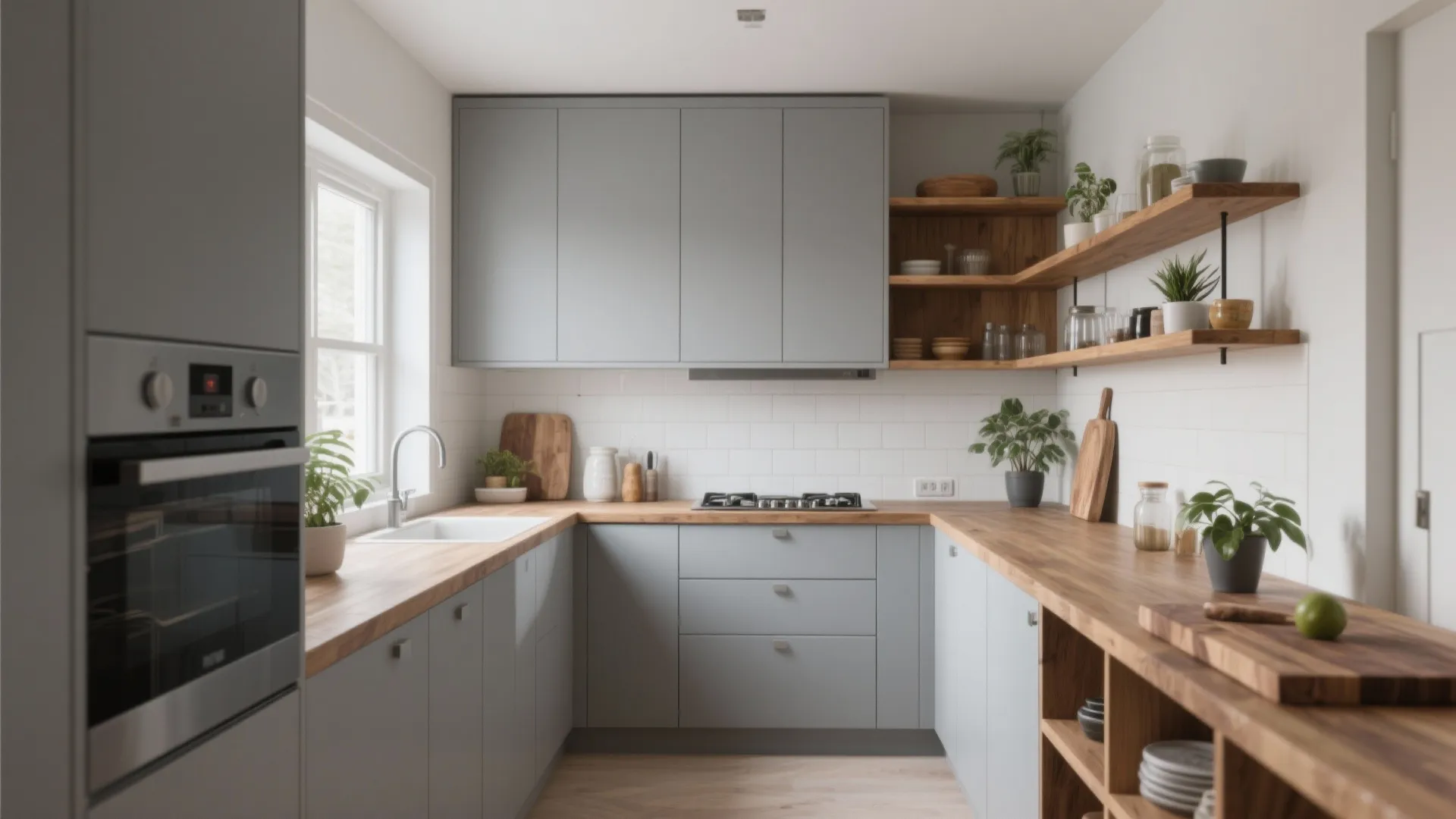L-shaped kitchen with grey cabinets wooden countertops open shelving green plants and a built-in silver oven