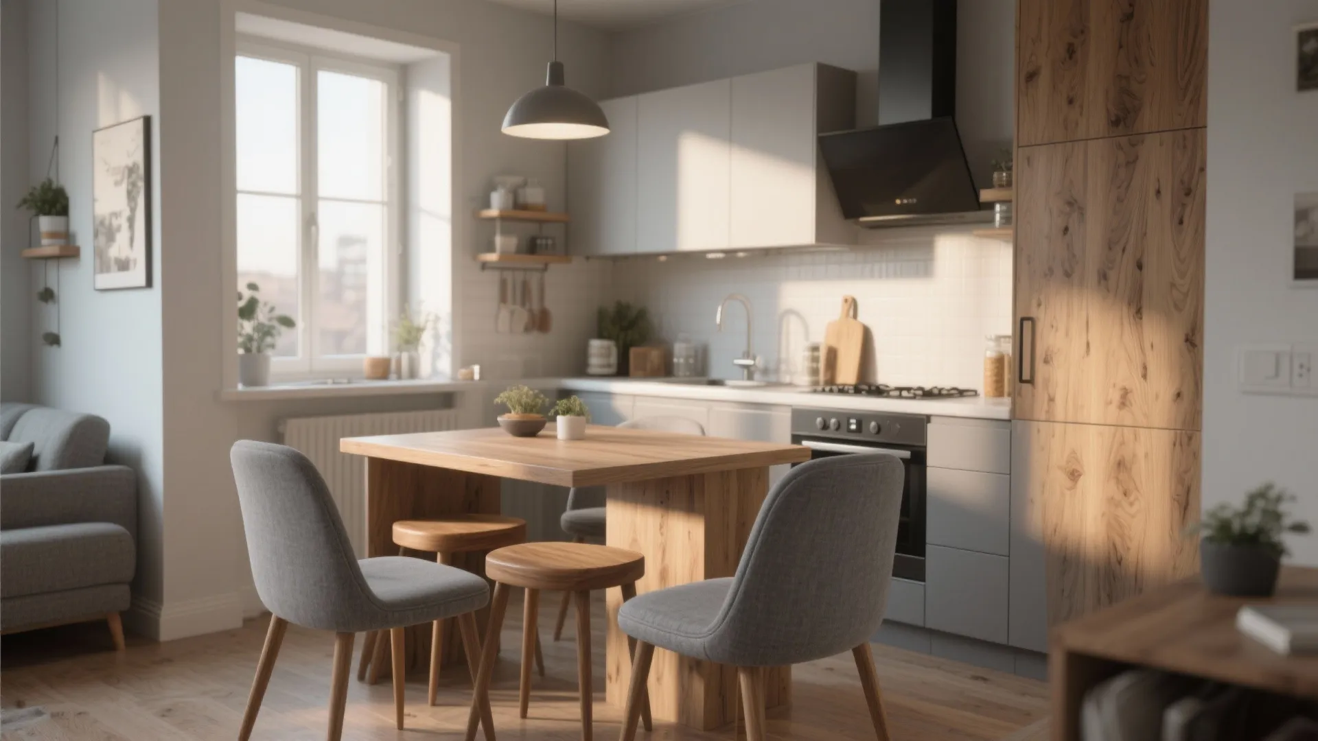 2. Grey chairs with warm wood accents