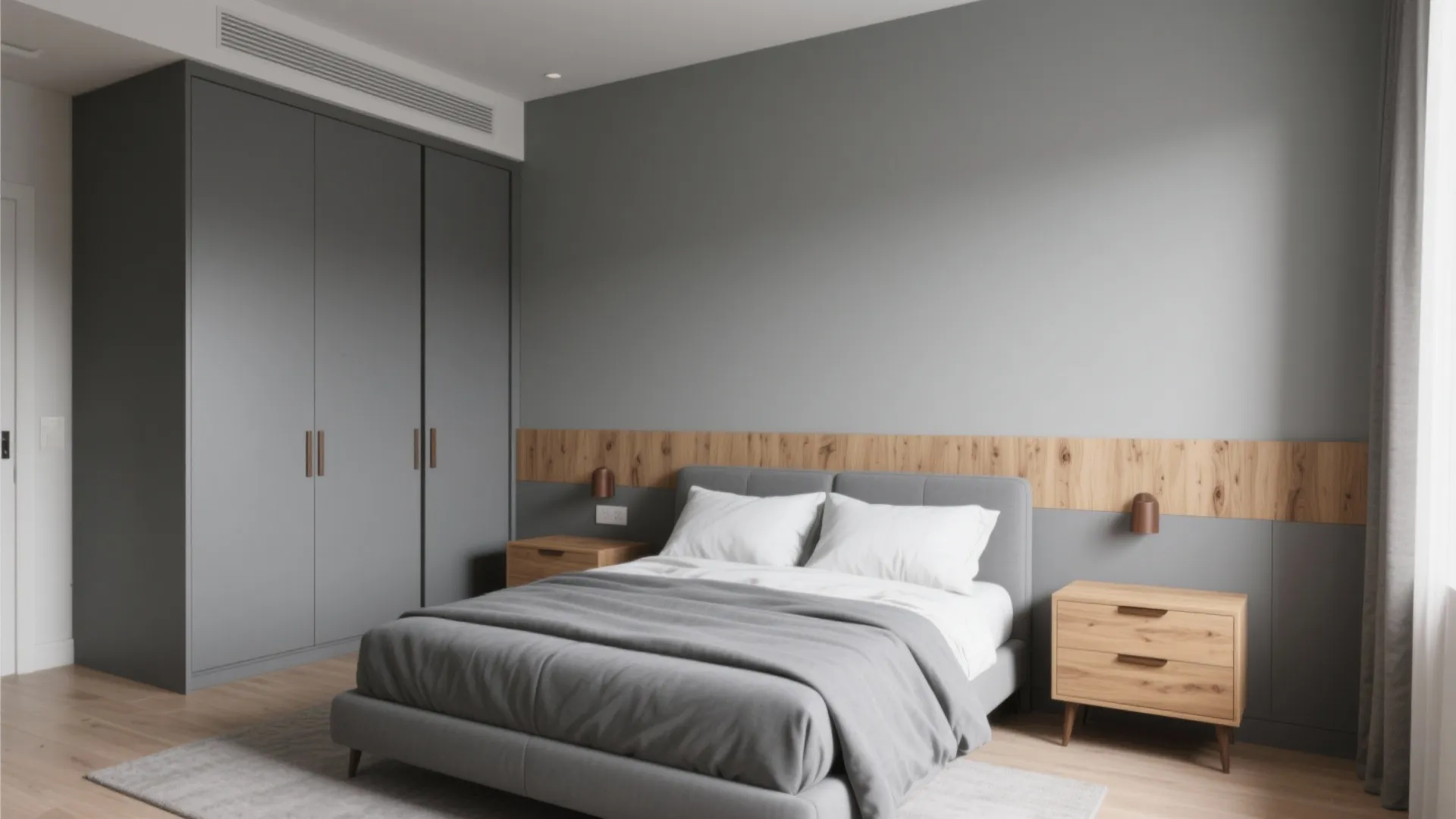 Modern bedroom with grey wall wooden wall panel matching bedside cabinets and a grey built-in wardrobe