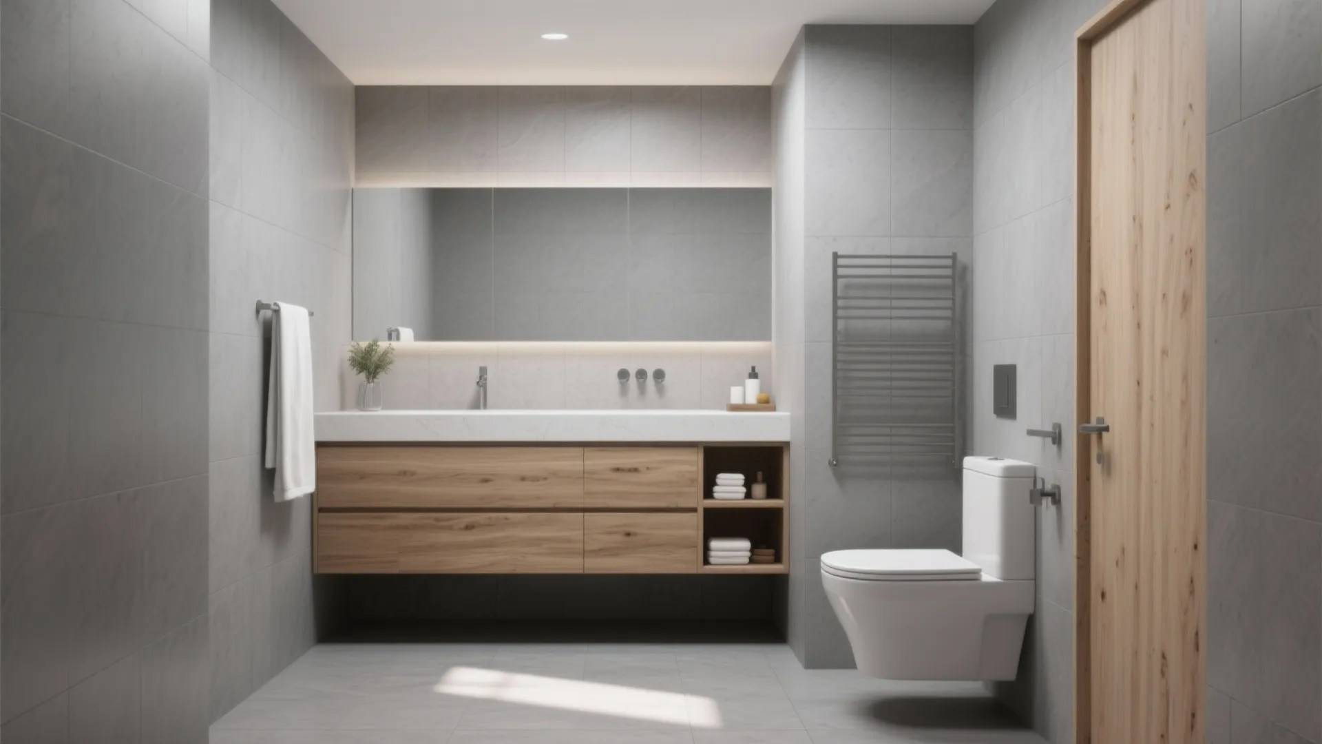 Minimalist bathroom featuring grey wall tiles wooden cabinet large mirror white toilet and wood door