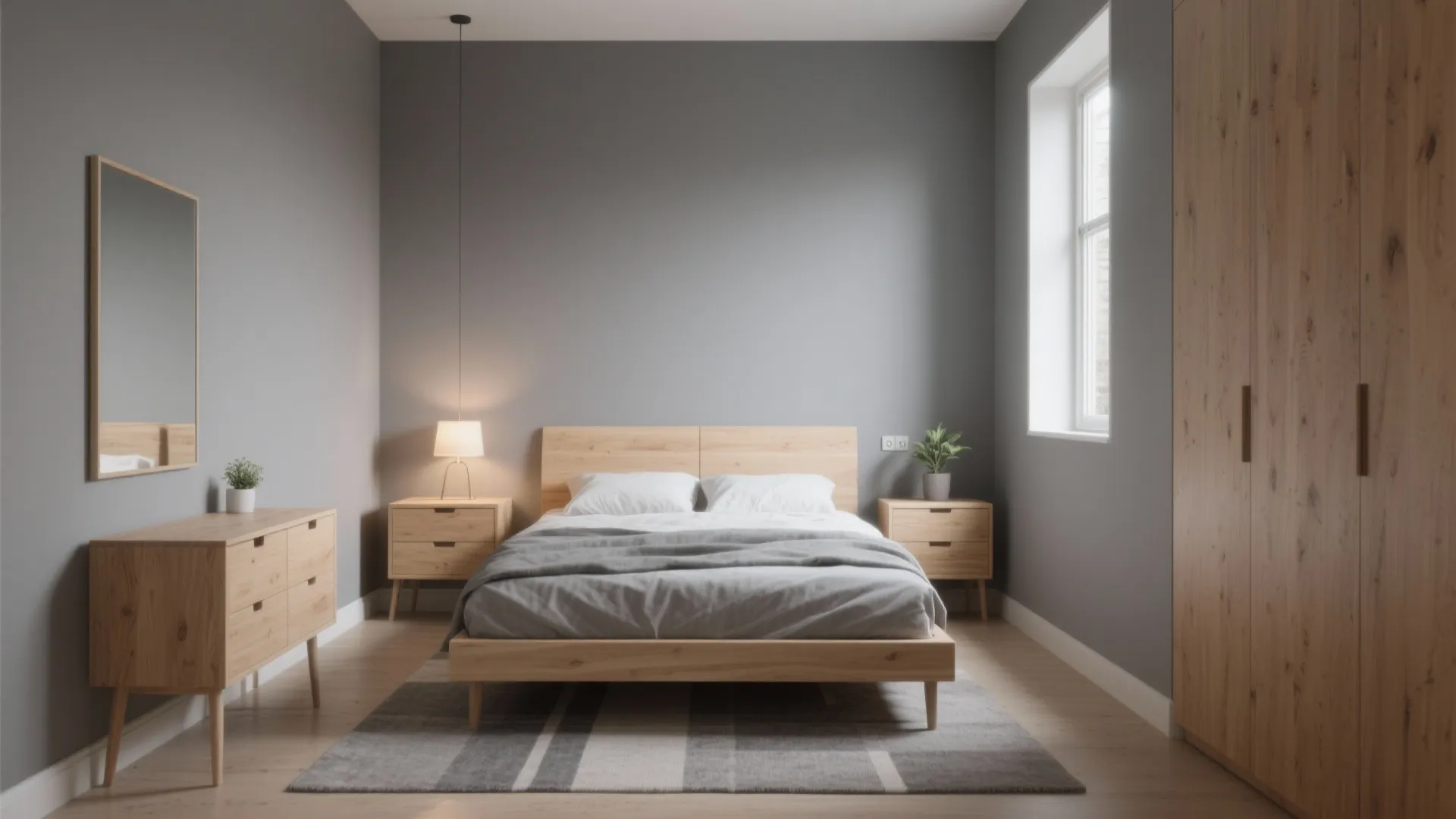 Minimalist bedroom with grey walls light wood bed matching furniture grey rug and natural light