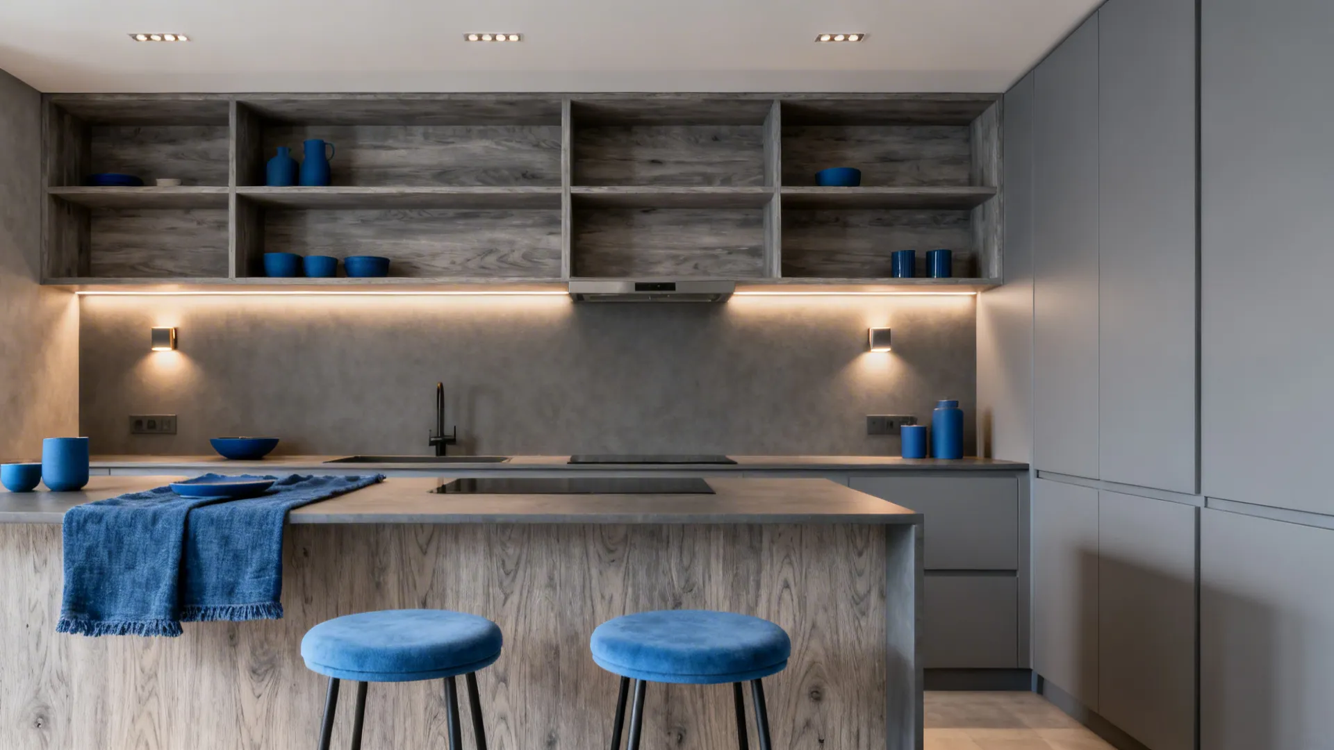 Small kitchen with grey-washed wood shelves, blue stools, and layered warm lighting.