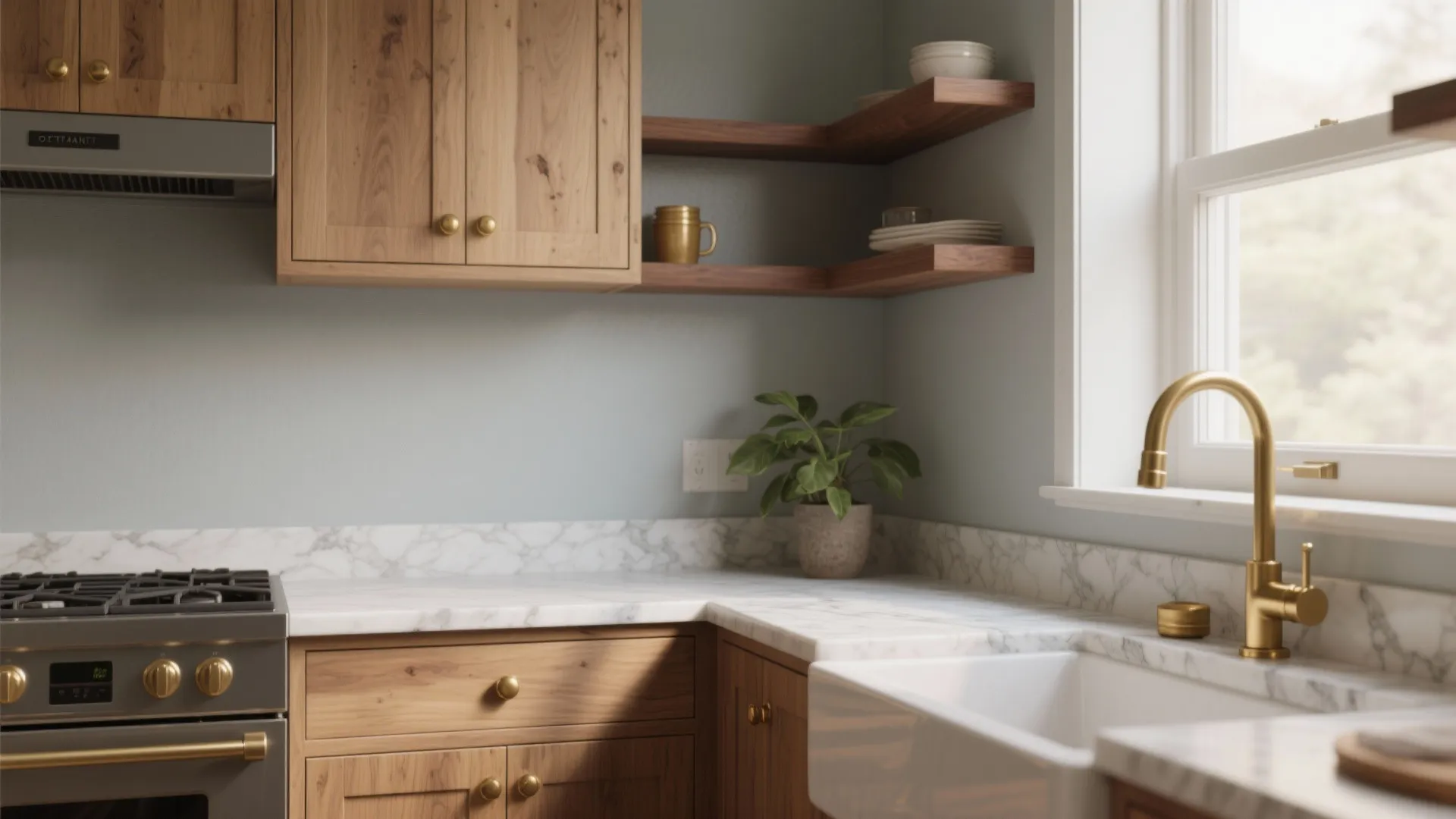Kitchen corner with wooden cabinets marble countertop gold faucet white sink and wooden wall shelves