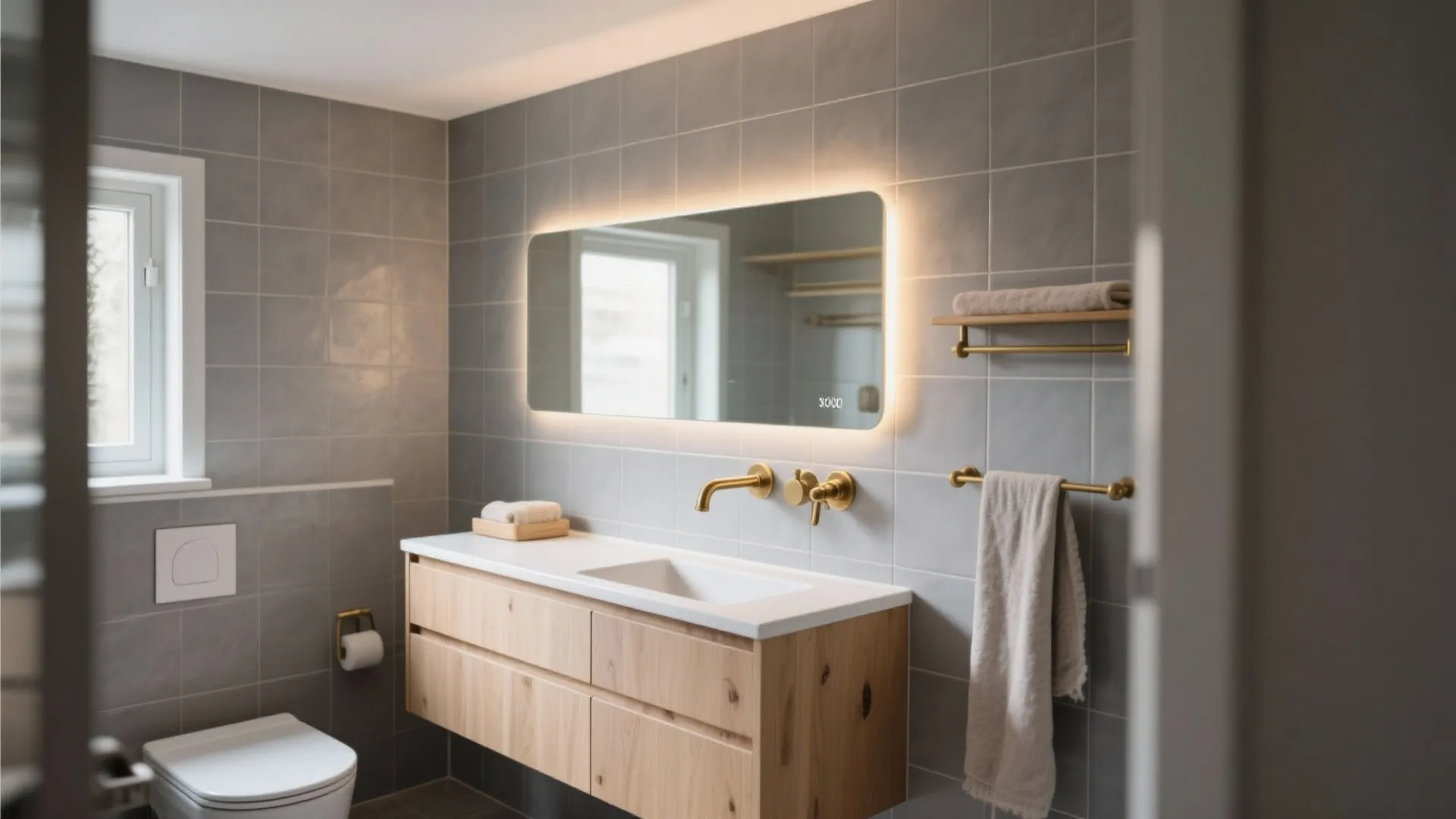 Warm accents with grey: wood, brass, and soft lighting