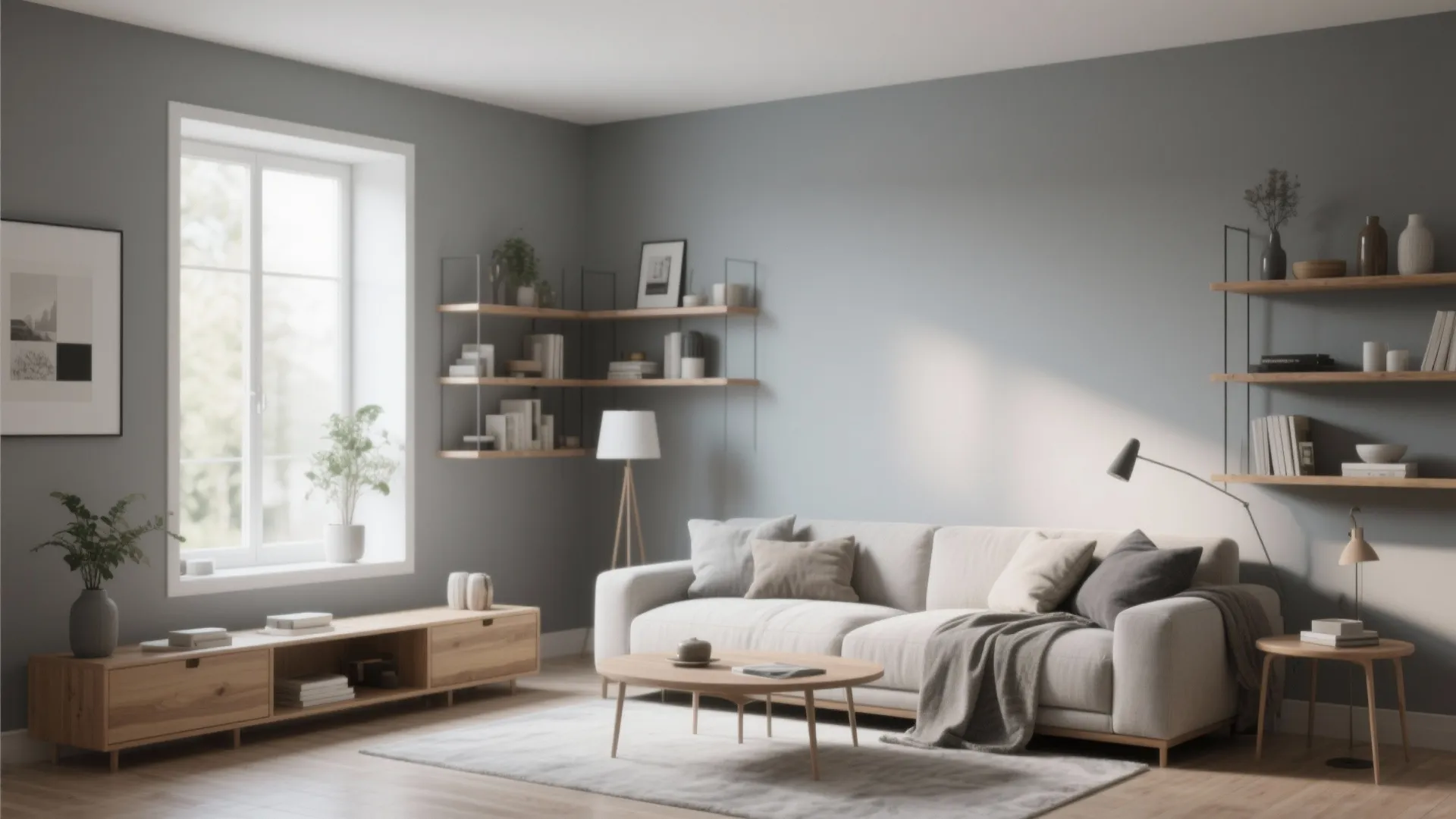 4. Warm Wood Accents Against Grey