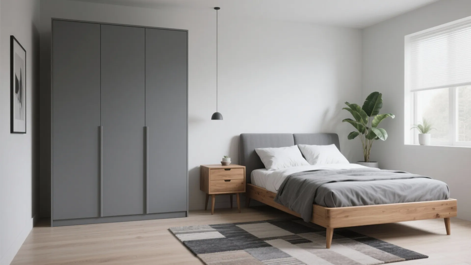 Modern bedroom featuring a grey wardrobe wooden bed frame patterned rug and a green plant