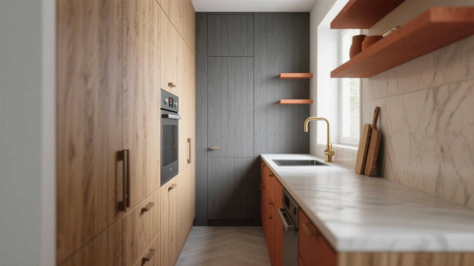 Narrow kitchen with wood cabinets grey wall panel gold faucet white marble countertop and open shelves