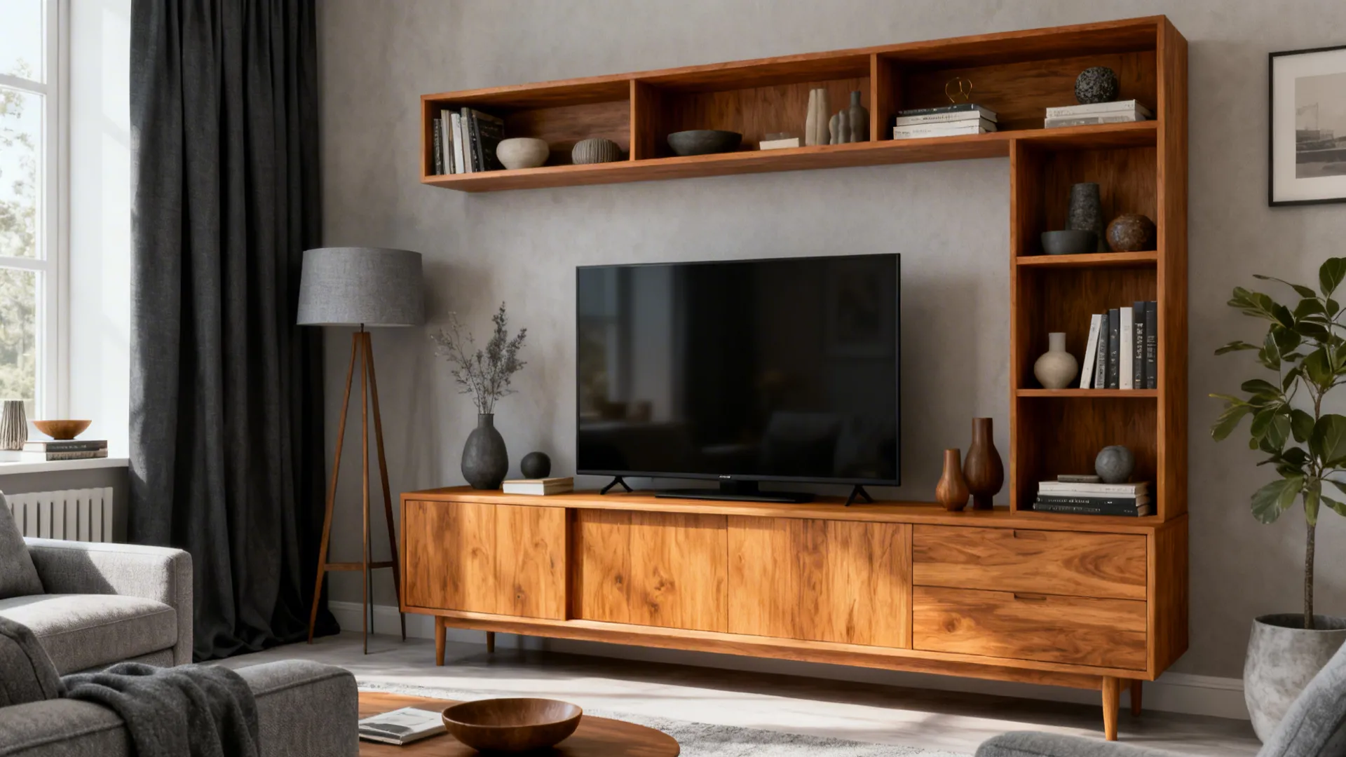 Charcoal curtains paired with a honey oak TV console and shelving, showing coordinated warm and cool undertones.