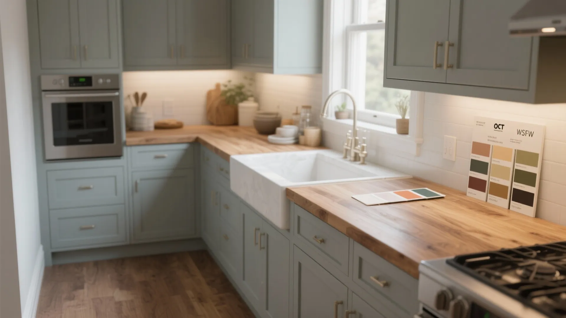 1. Soft Grey + Warm Wood Countertops