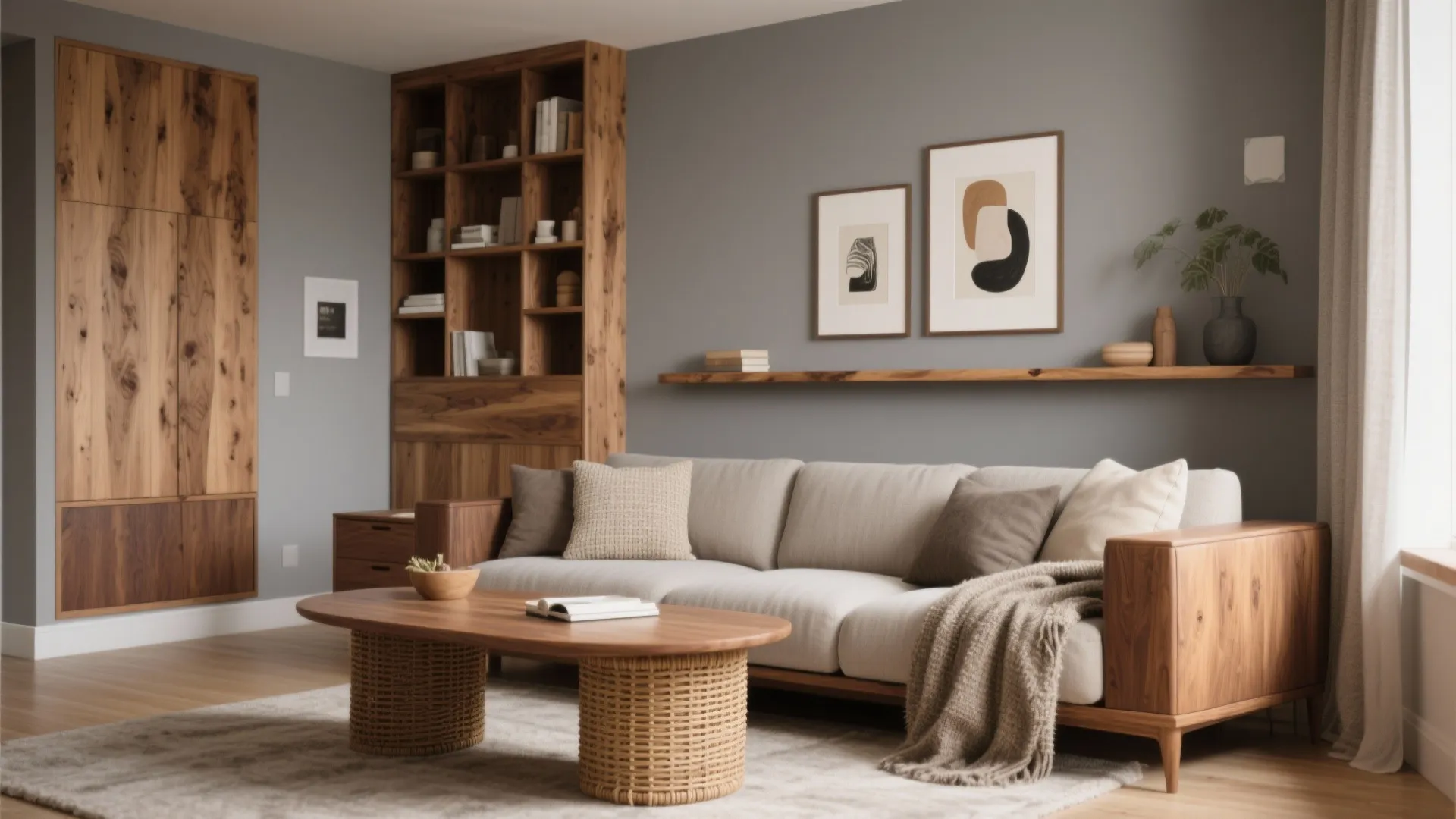 Modern living room with grey walls wooden cabinet coffee table sofa and framed wall art
