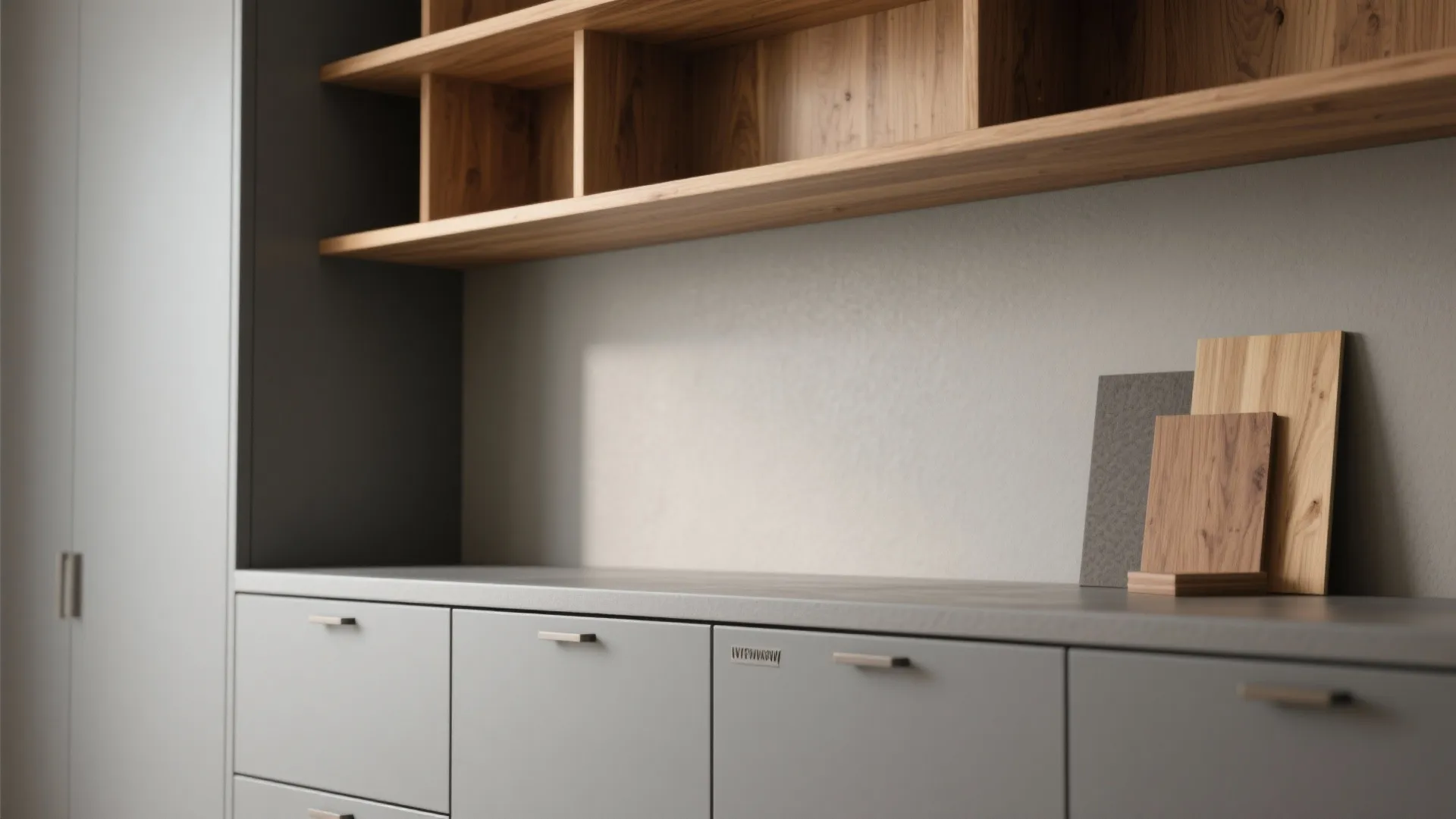 Close-up of grey cabinets with warm oak shelving and visible wood grain under soft light