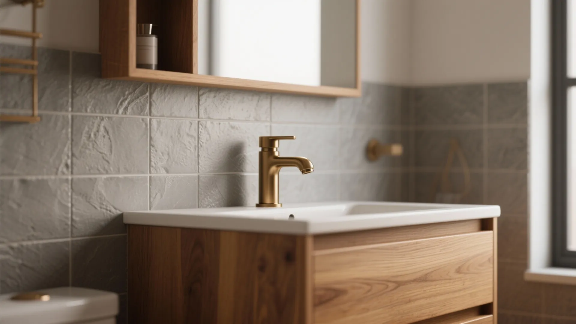 Close up of a gold faucet on a white sink with wooden cabinet and tiles