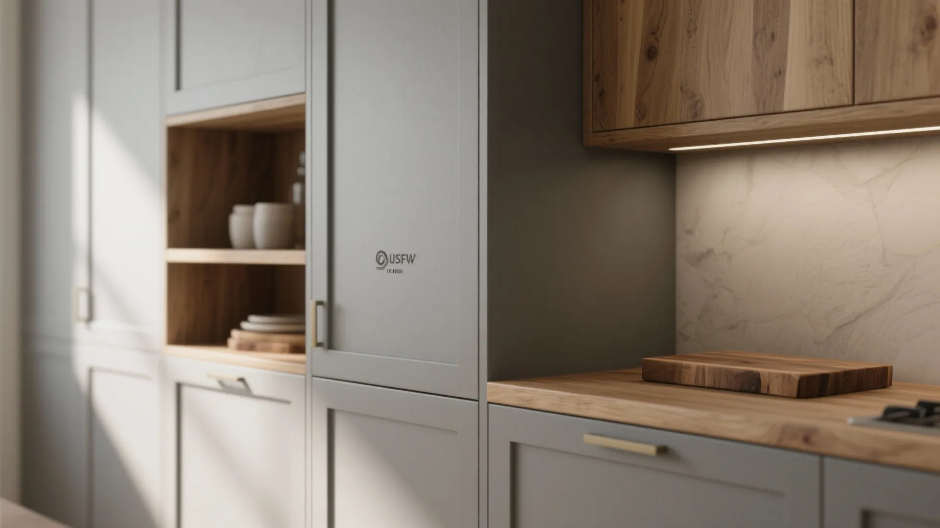 Close up of grey kitchen cabinets with wood shelving under cabinet light and wood cutting board