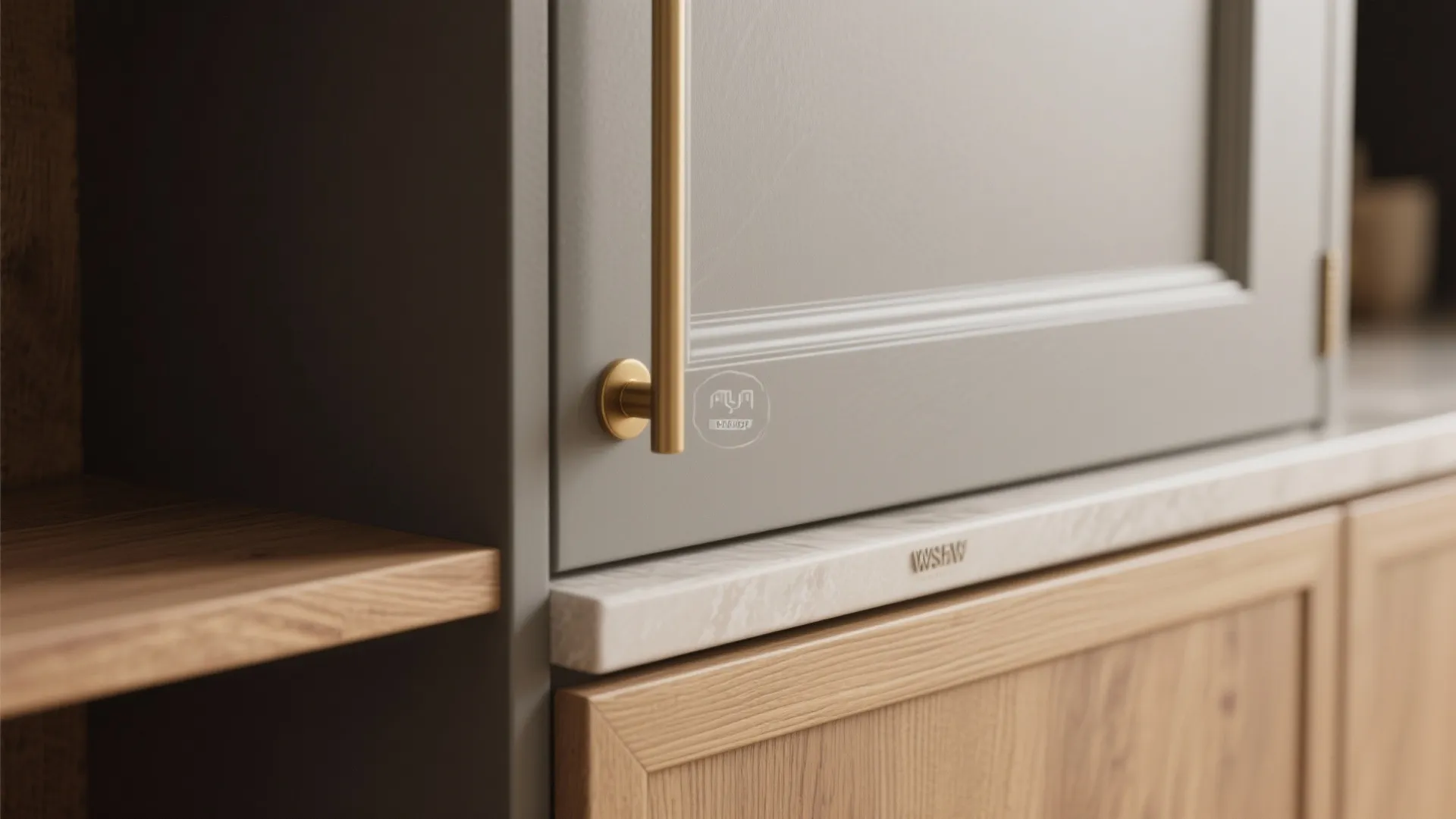 Close up of grey cabinet with gold handle near white marble countertop and light wood