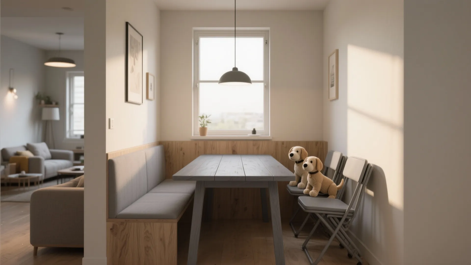 Modern dining area with grey wooden table bench folding chairs and ceiling light near the window
