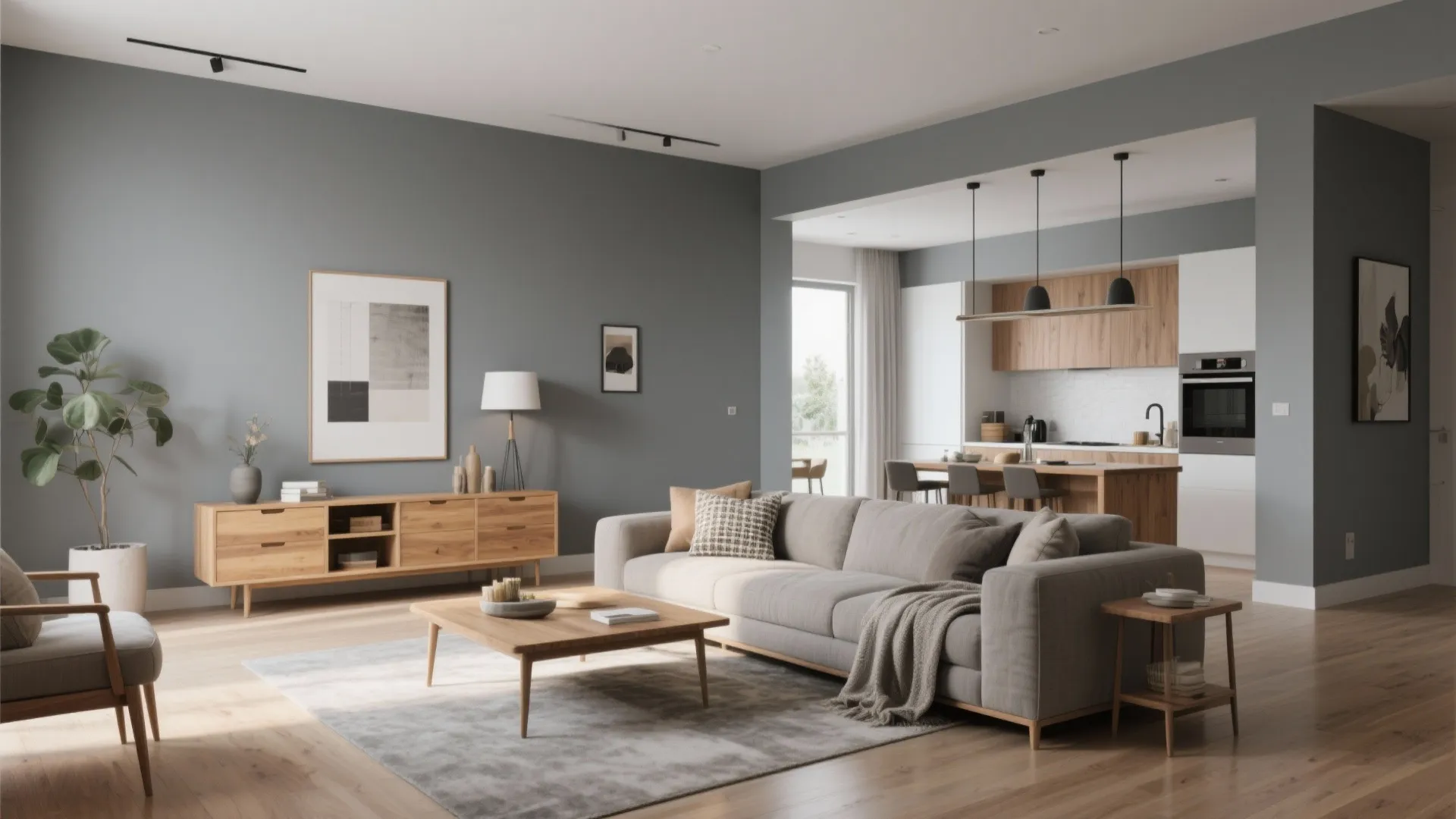 Grey walls with warm oak furniture in a living room