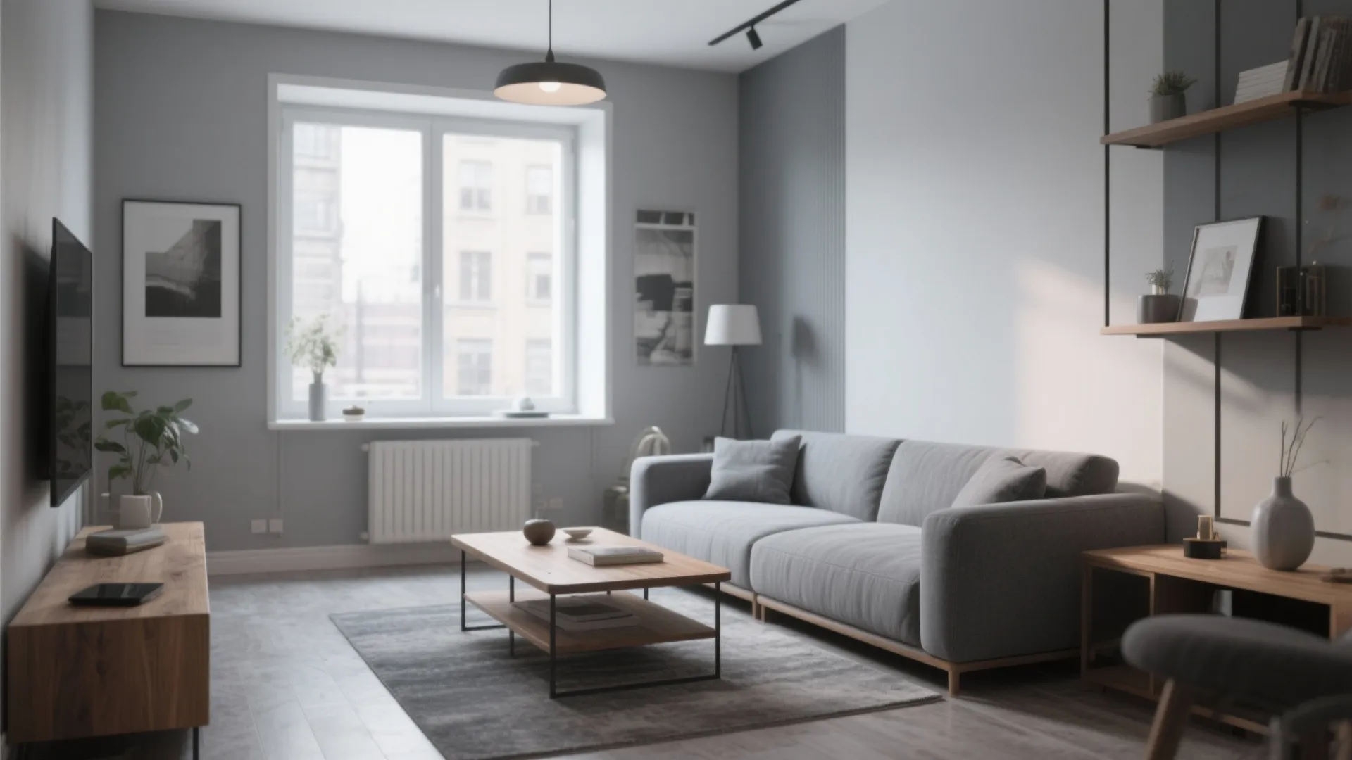 2. Soft Greys with Natural Wood