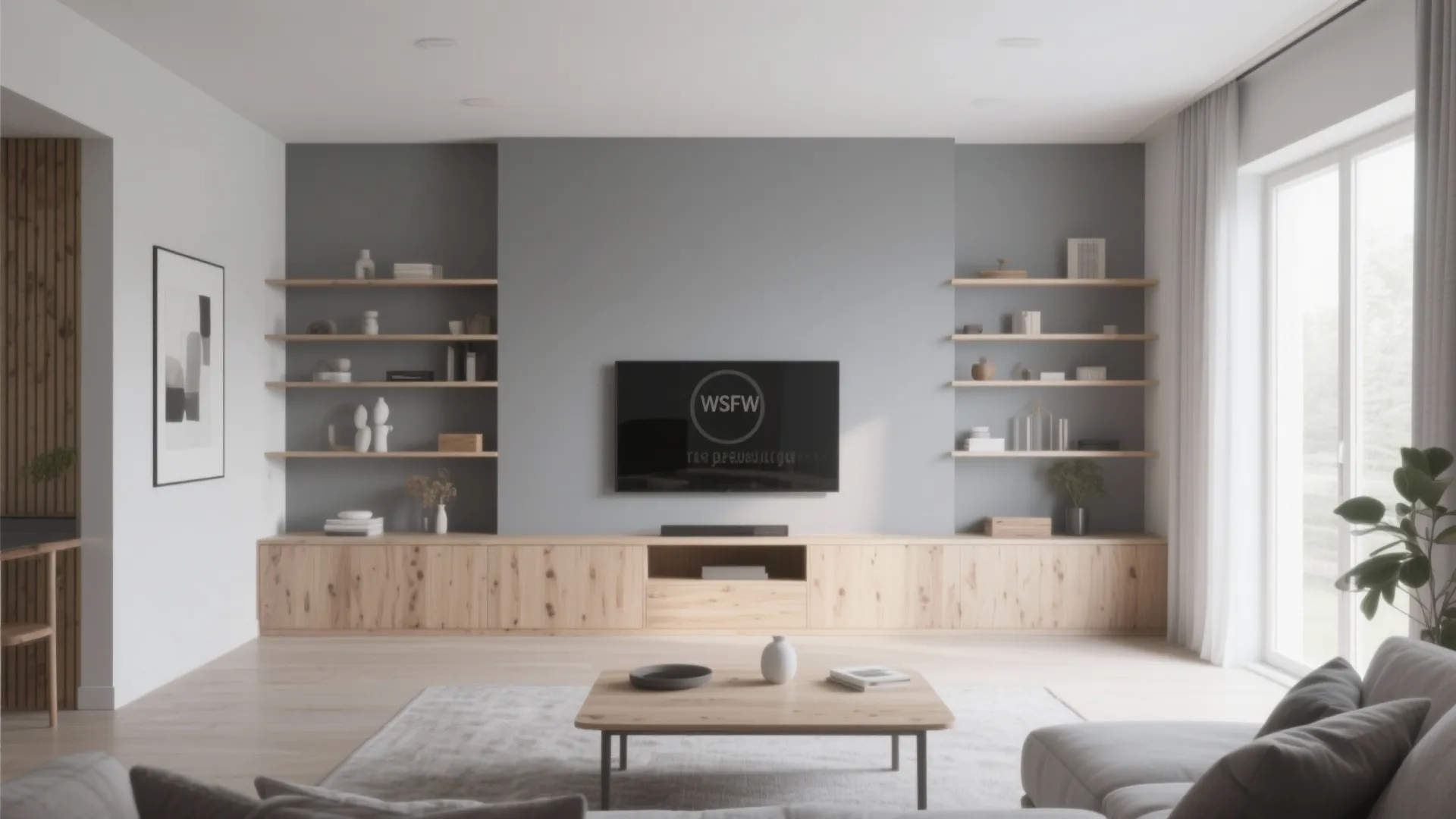 2. Grey with Warm Wood Accents