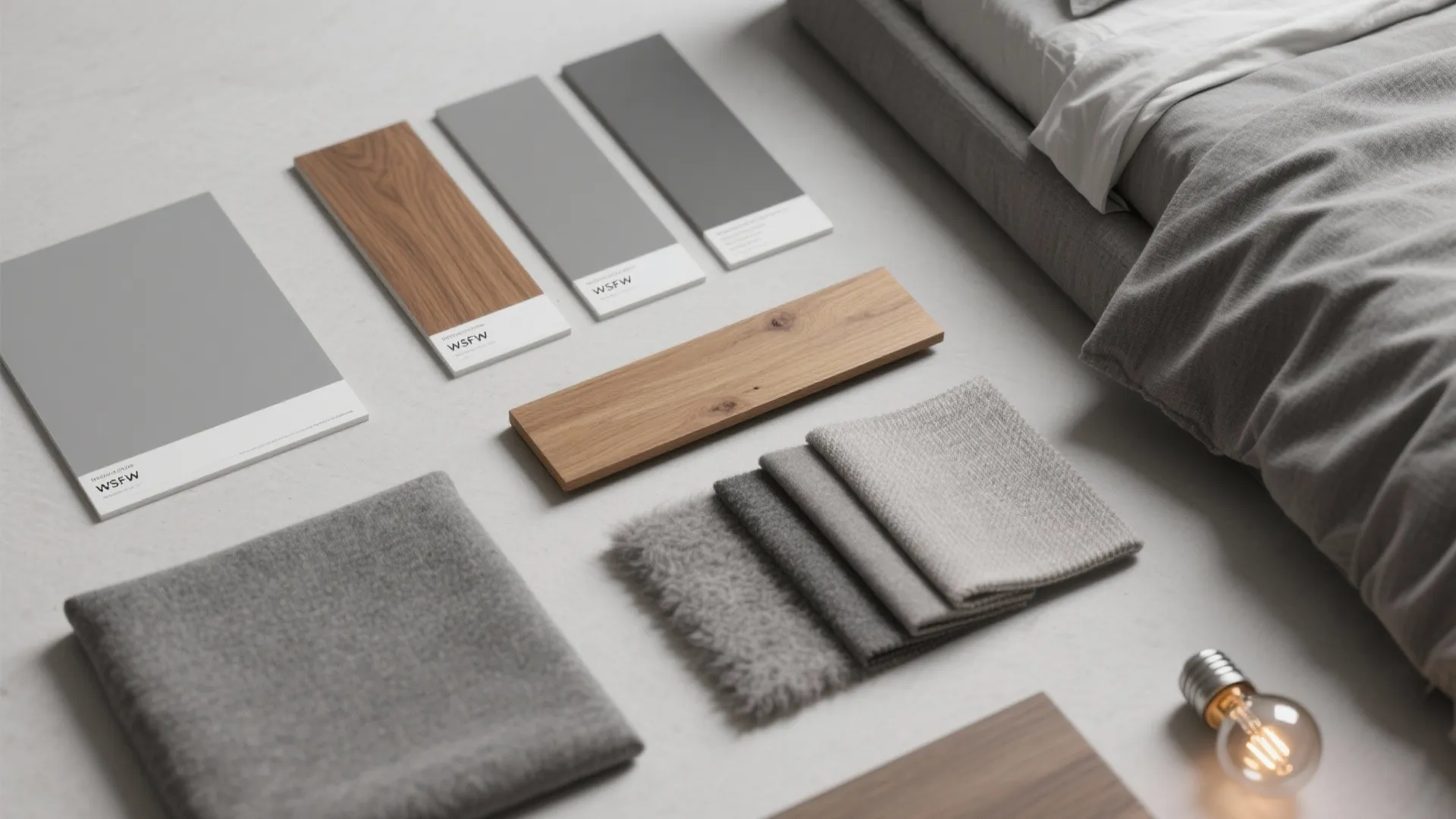Top-down flatlay of grey paint swatches, warm oak samples, fabric swatches and a warm LED bulb.
