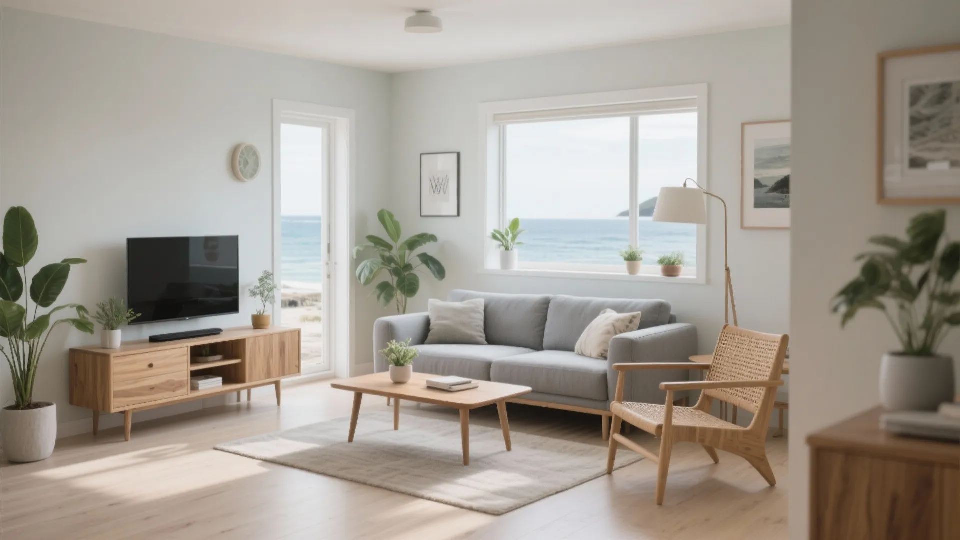Modern living room featuring grey sofa, wooden coffee table, rattan chair, plants, and ocean view