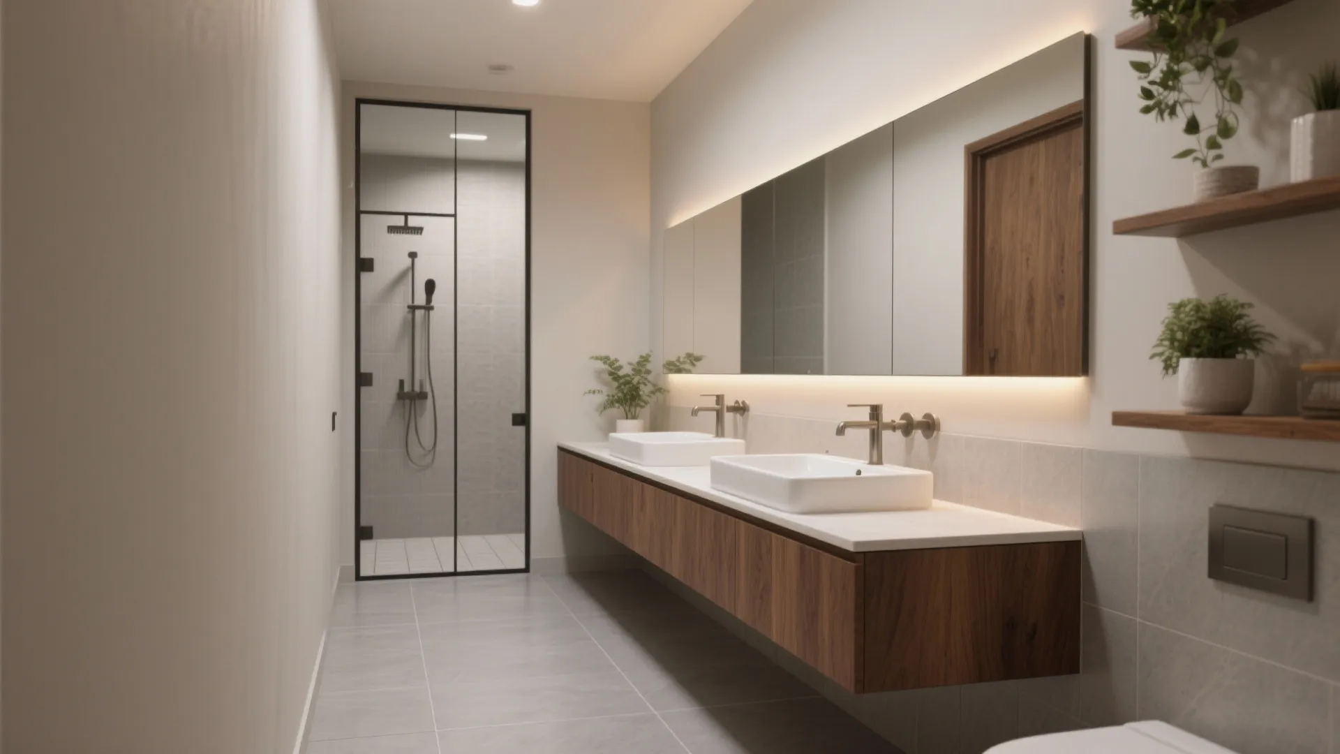Modern bathroom featuring long wooden cabinet with two white sinks large mirror and glass shower