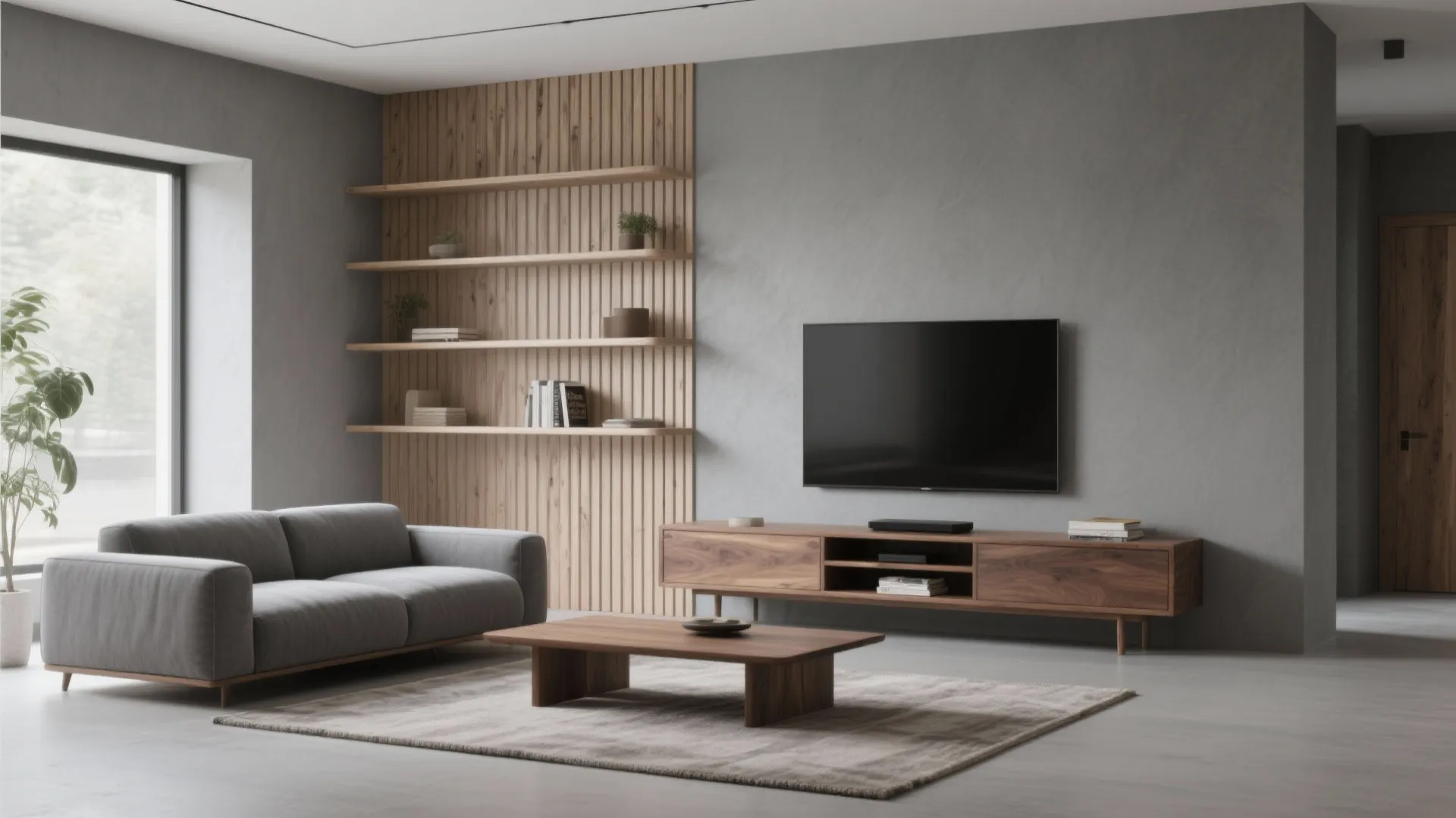 Grey + Wood Accents (Biophilic Warmth)