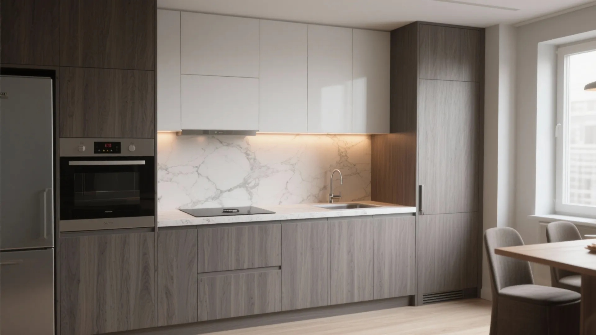 Compact kitchen combining warm grey wood-grain lower cabinets with crisp white lacquer upper cabinets.