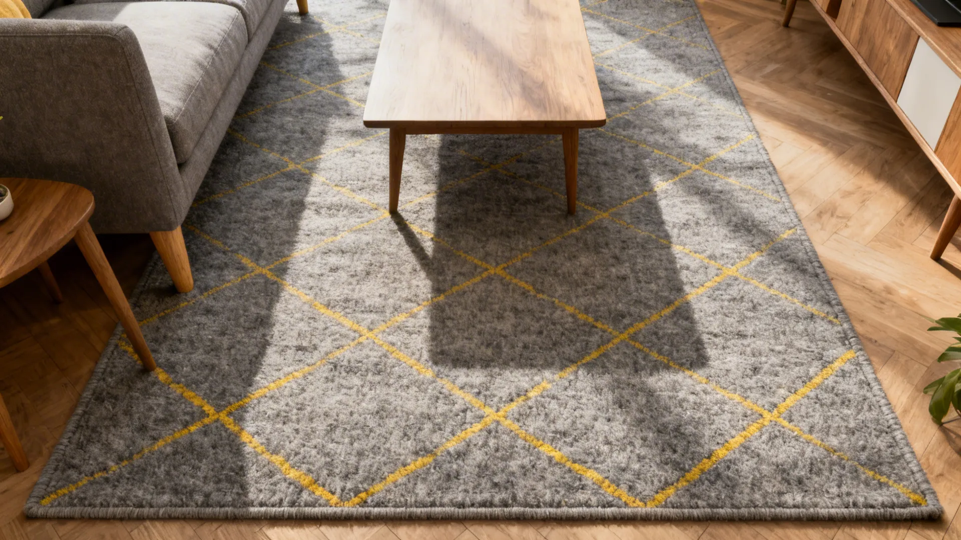 Grey wool rug with a subtle yellow pattern anchoring a small living room seating arrangement.