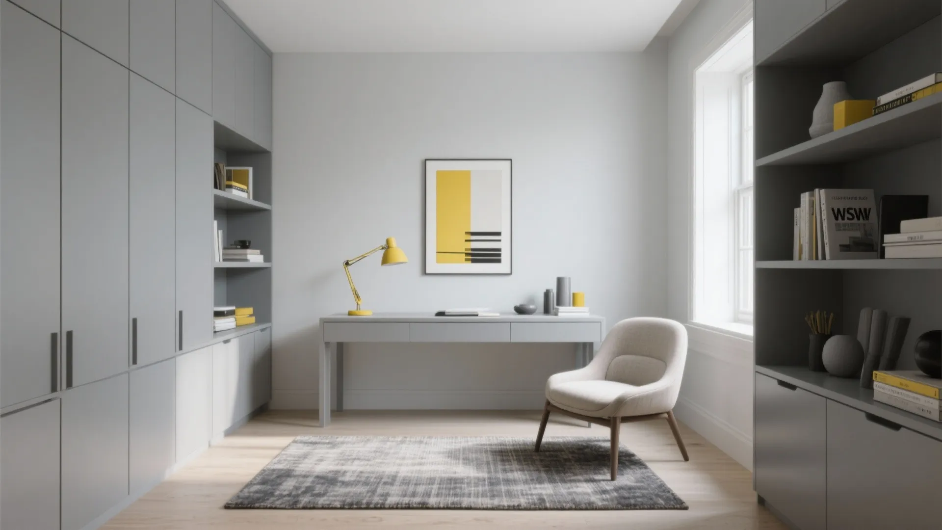 Grey minimalist study room with yellow desk lamp and comfortable chair on a dark rug